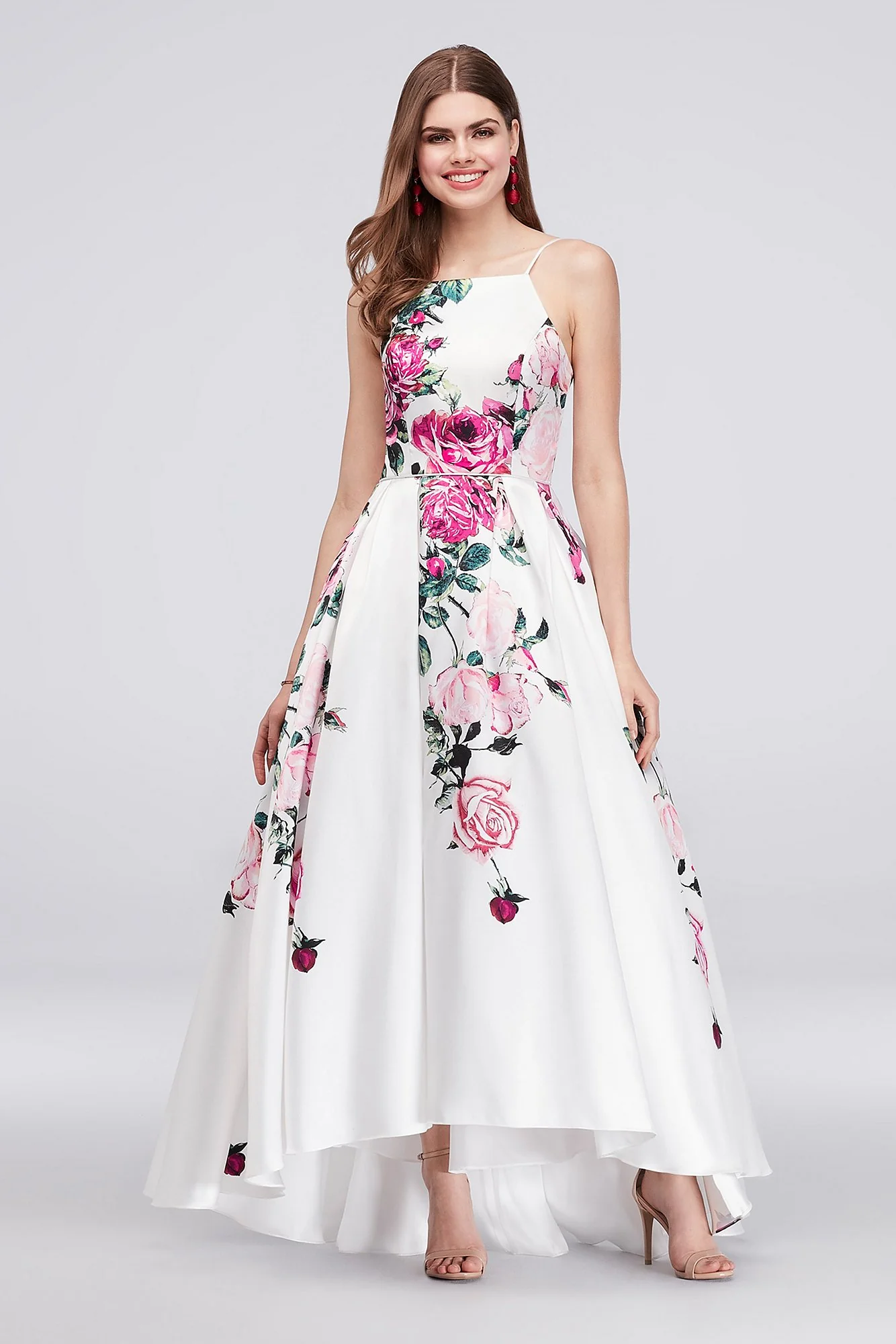 High-Neck Floral Print High-Low Ball Gown - Image 2