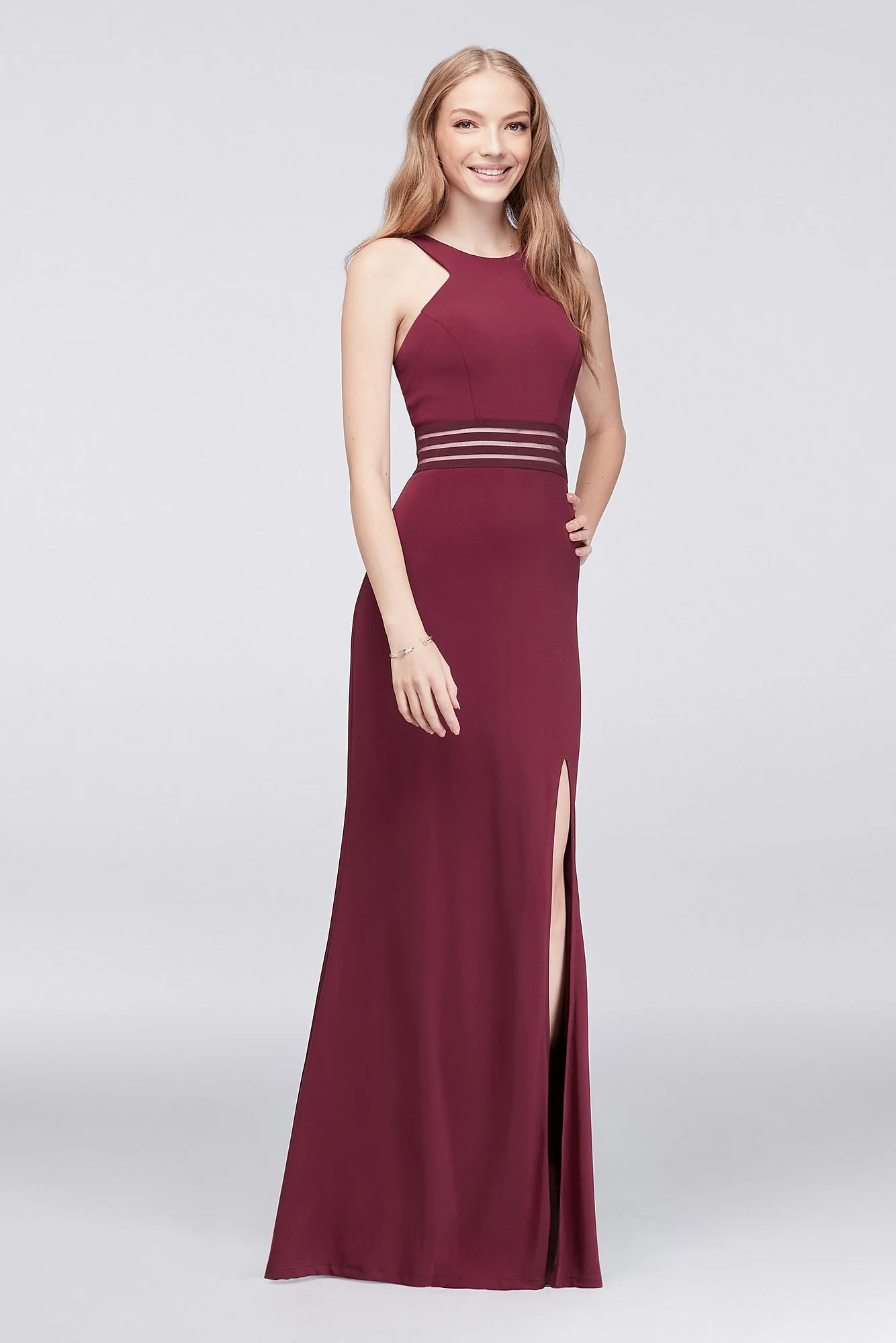 High-Neck Jersey Dress with Illusion Stripe Waist