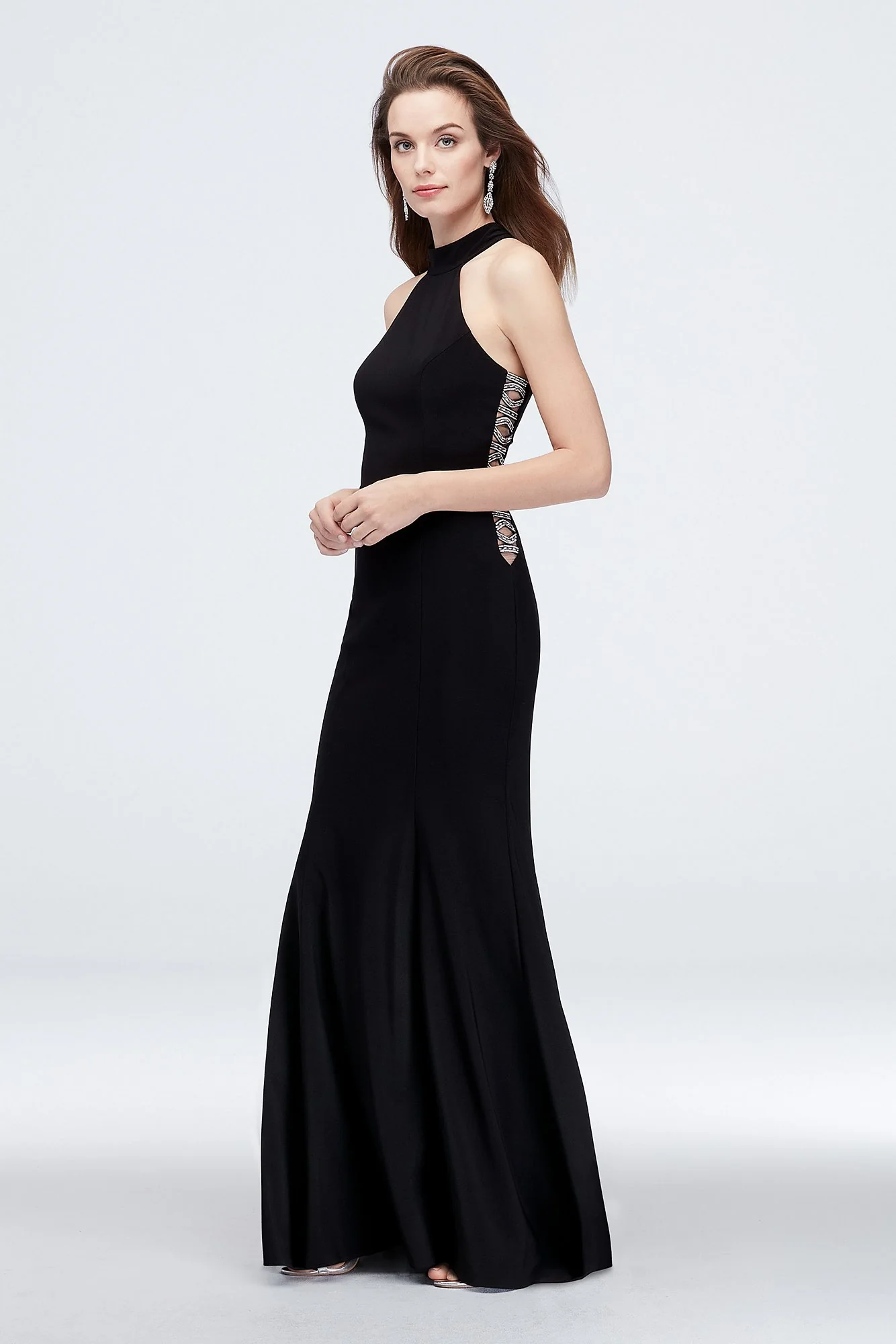 High-Neck Jersey Sheath Dress with Beaded Cutouts - Image 2