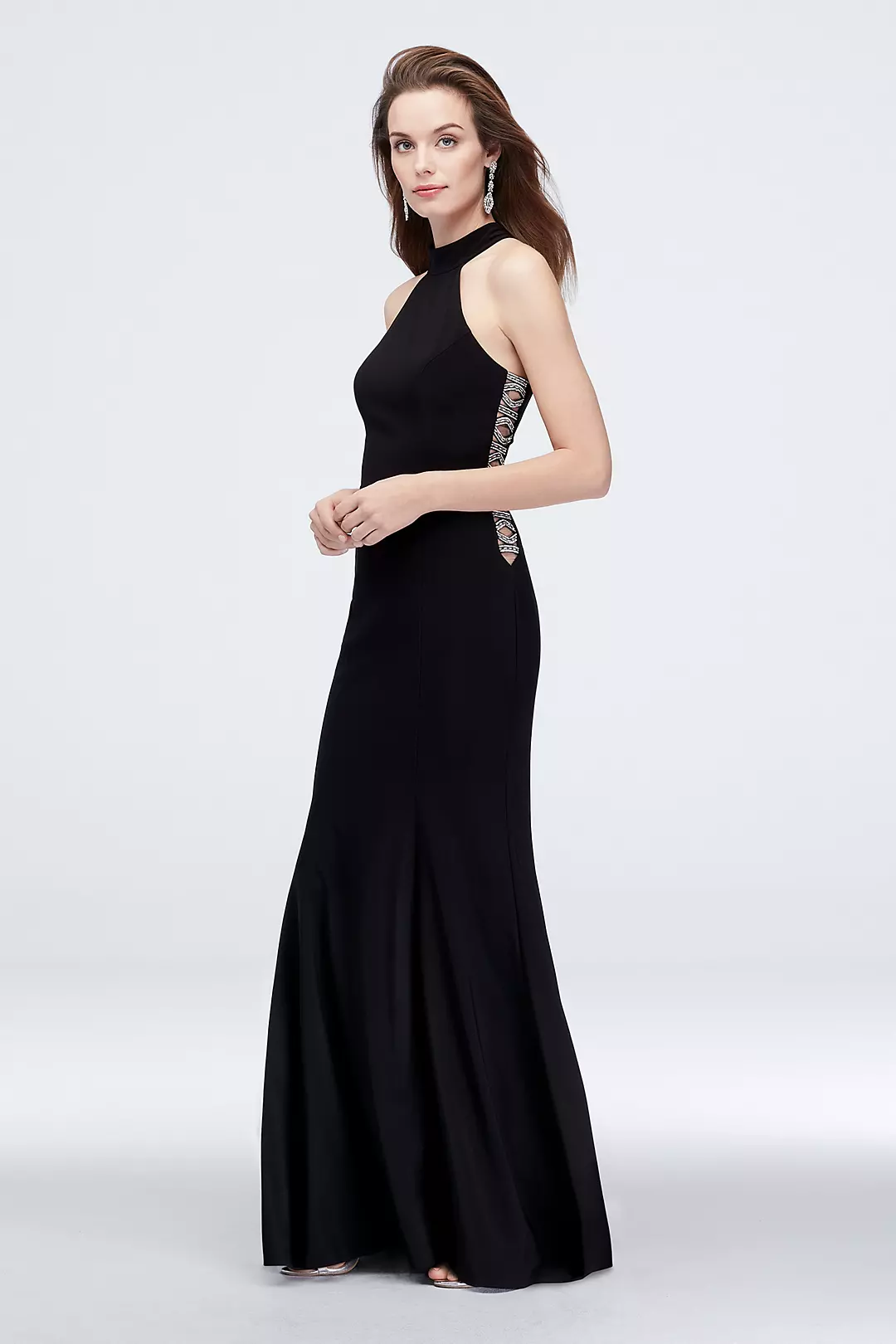 High-Neck Jersey Sheath Dress with Beaded Cutouts - Image 3