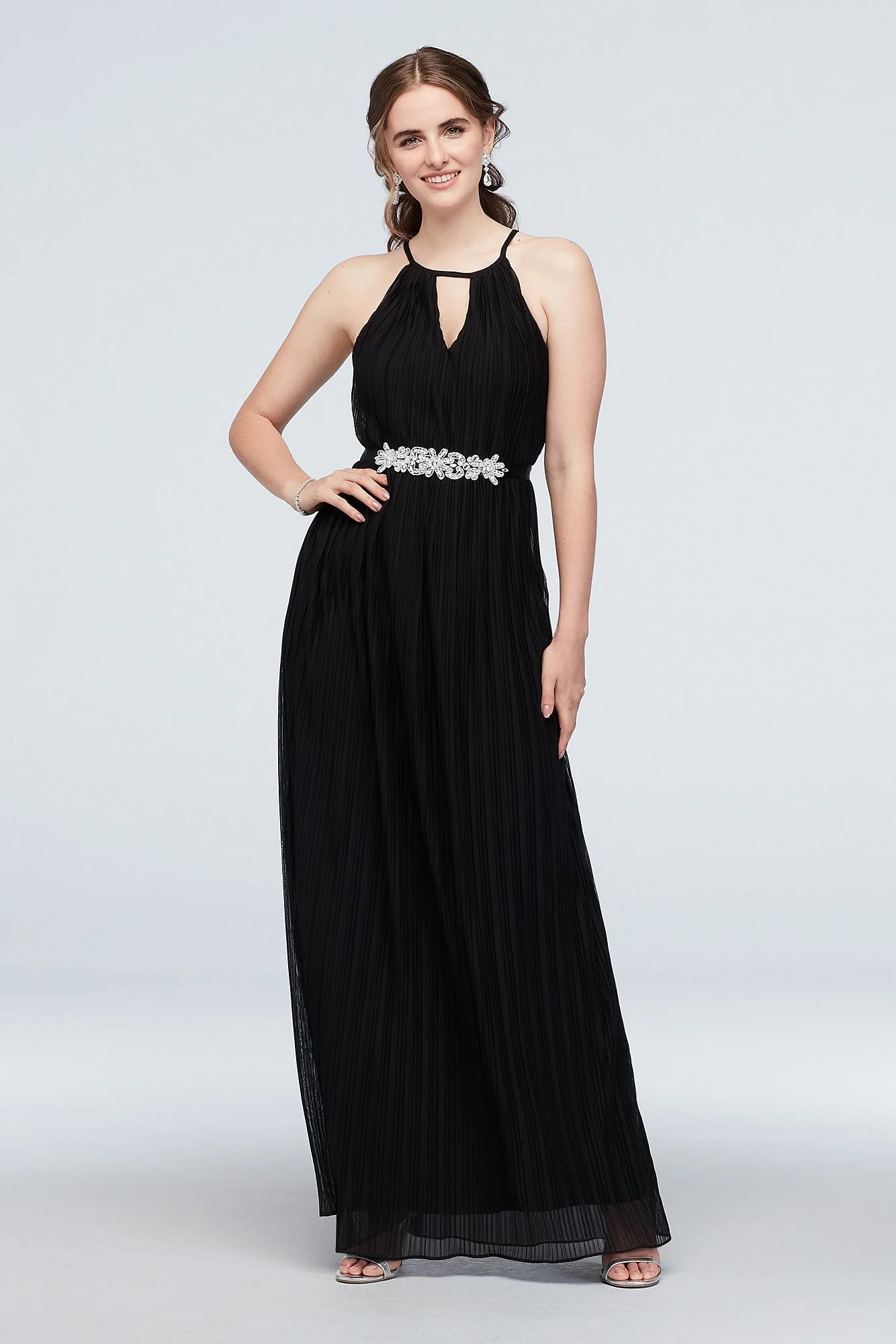 High Neck Keyhole Accordion Pleat Belted Dress - Image 2