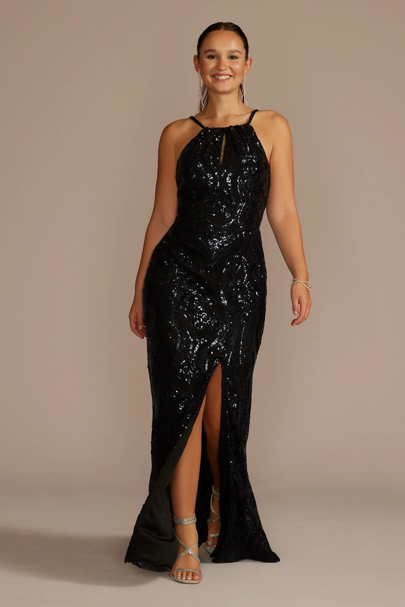 High Neck Keyhole Patterned Sequin Sheath