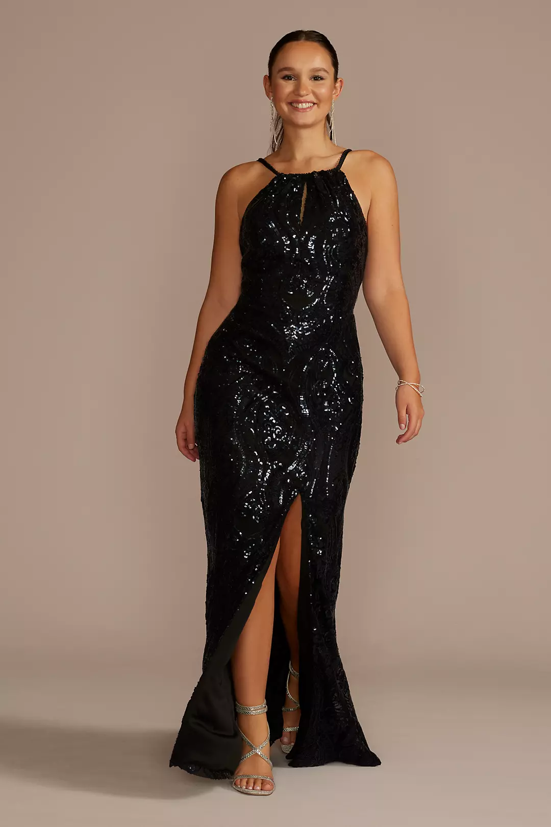 High Neck Keyhole Patterned Sequin Sheath - Image 5