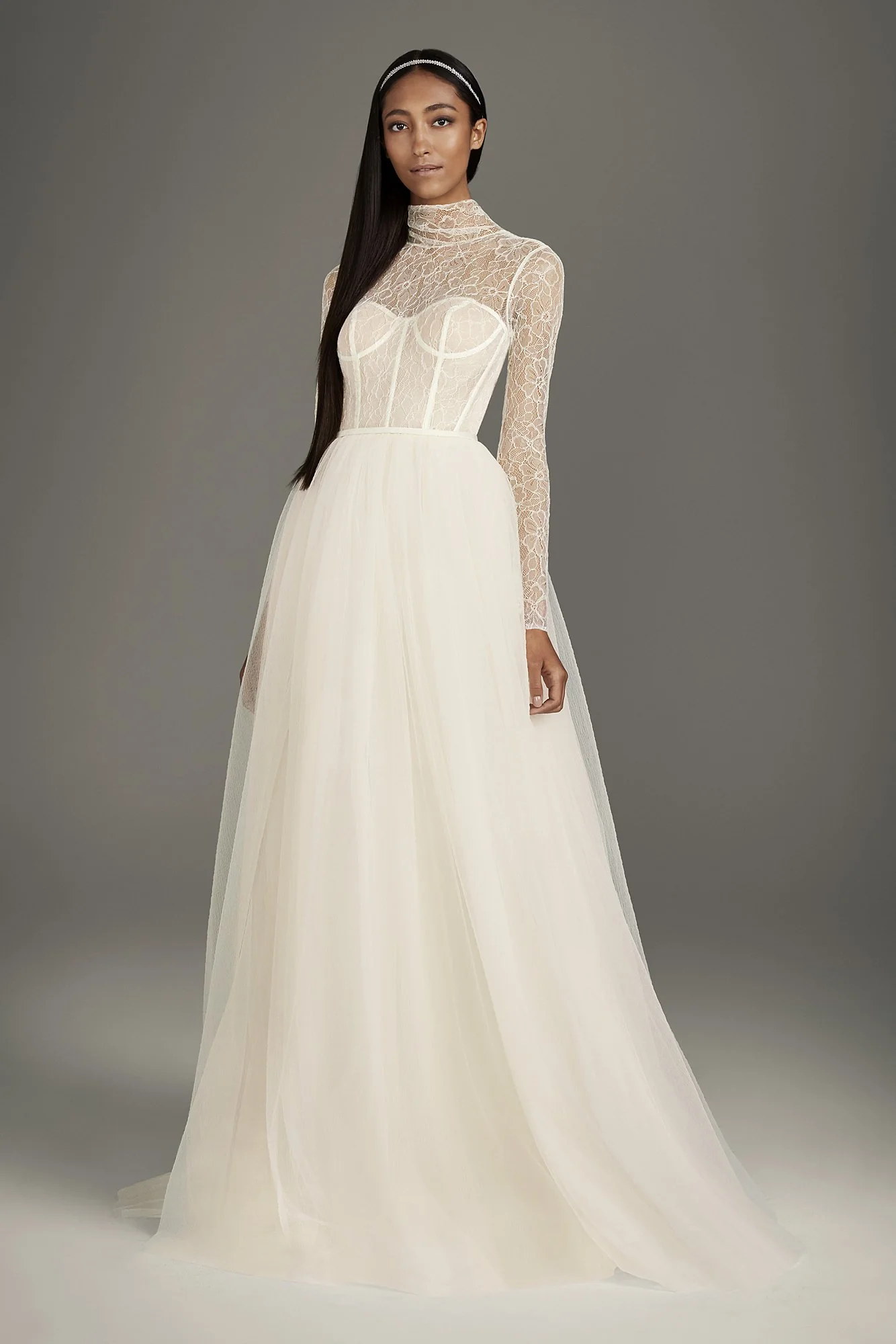 High-Neck Lace and Tulle Corset Wedding Dress