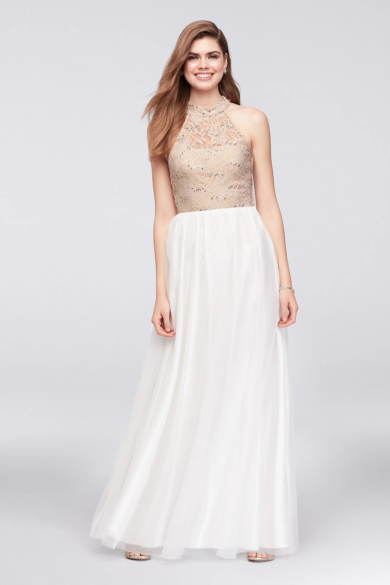 High-Neck Lace and Tulle Gown with Ladder Back