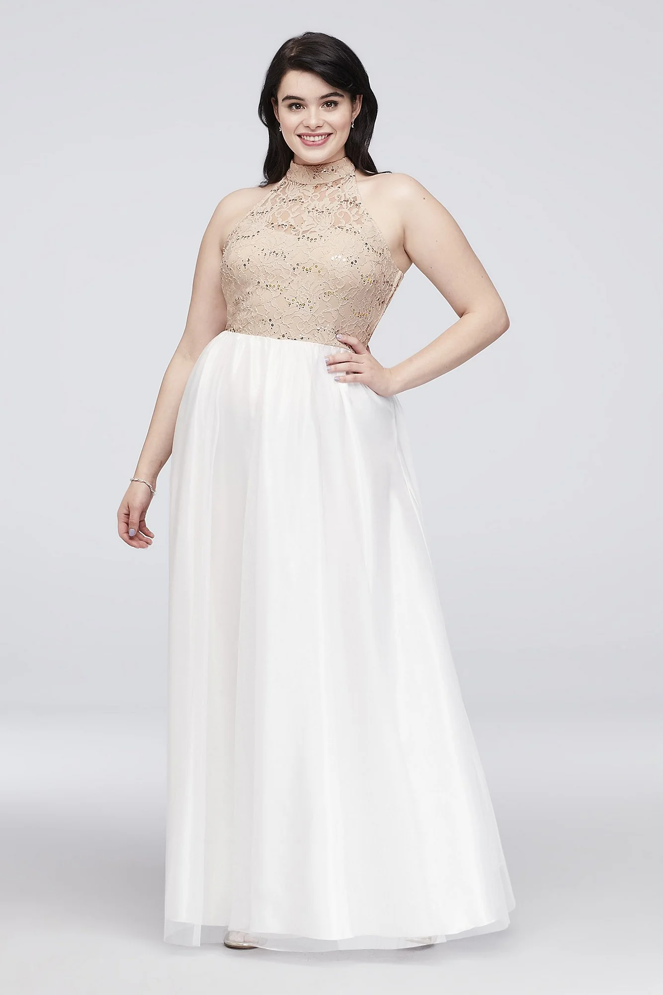 High-Neck Lace and Tulle Gown with Ladder Back - Image 3