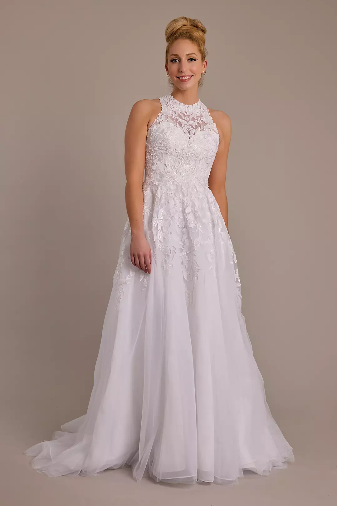 High Neck Lace Applique Tulle Wedding Dress - Image 13