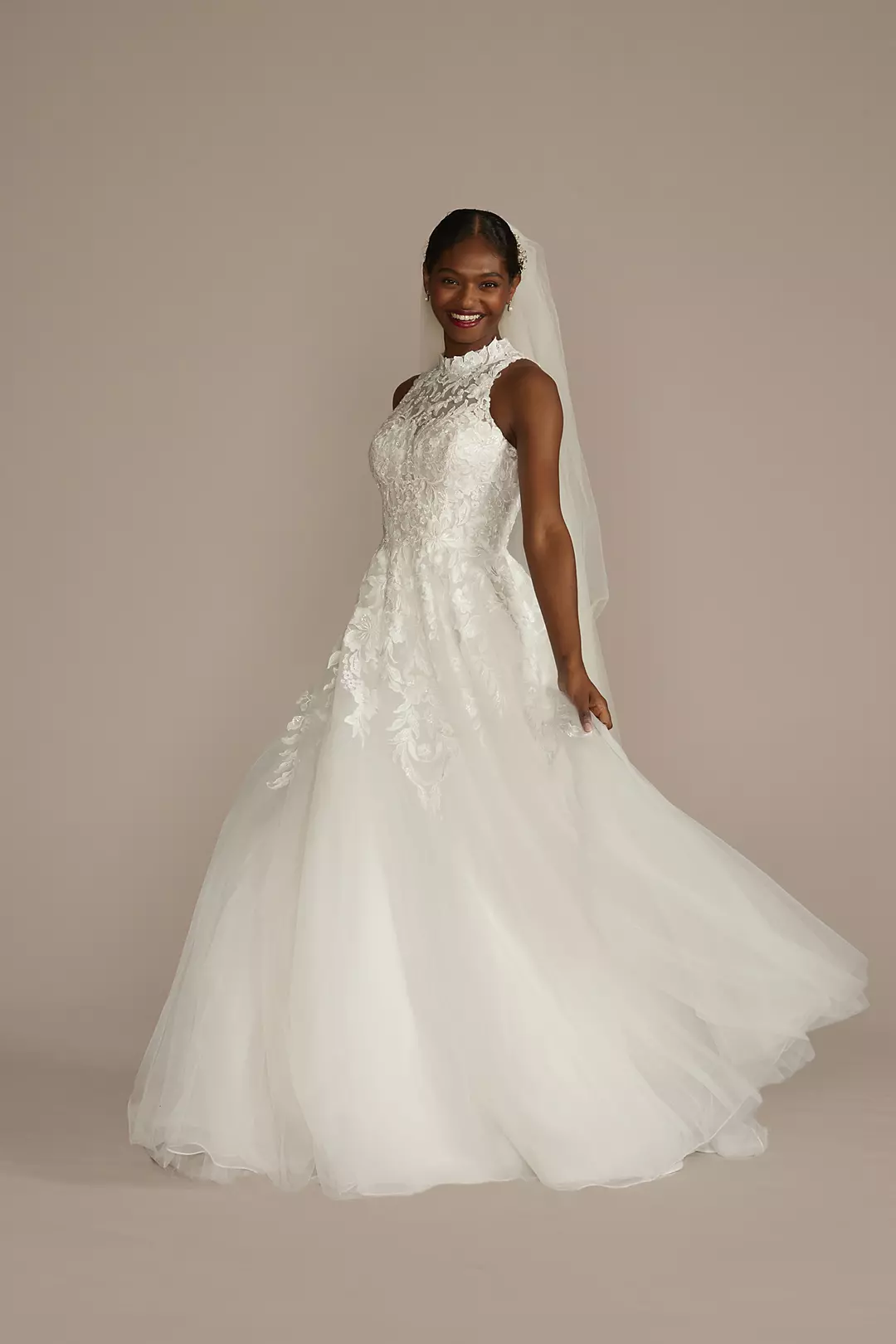 High Neck Lace Applique Tulle Wedding Dress - Image 15