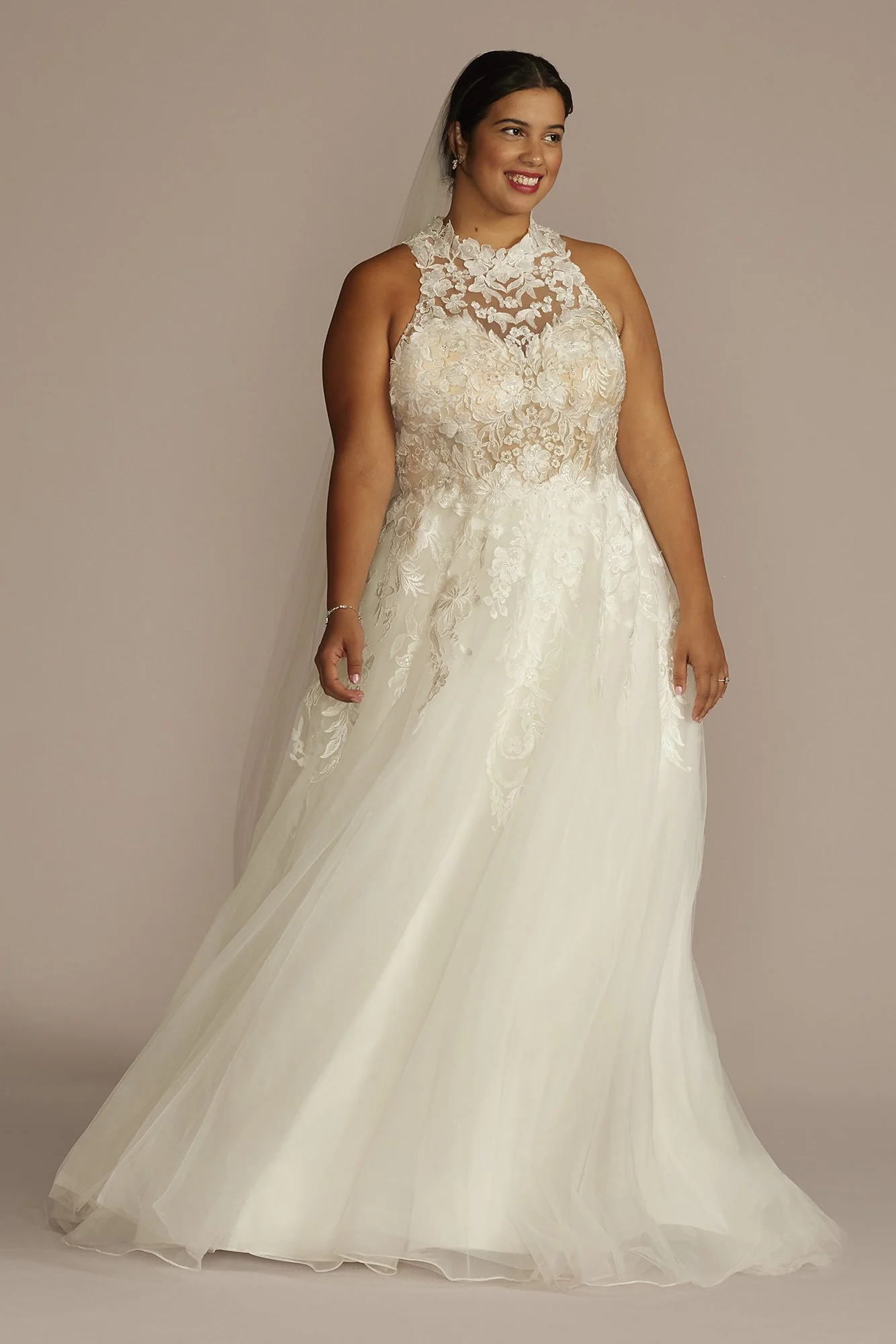 High Neck Lace Applique Tulle Wedding Dress - Image 3
