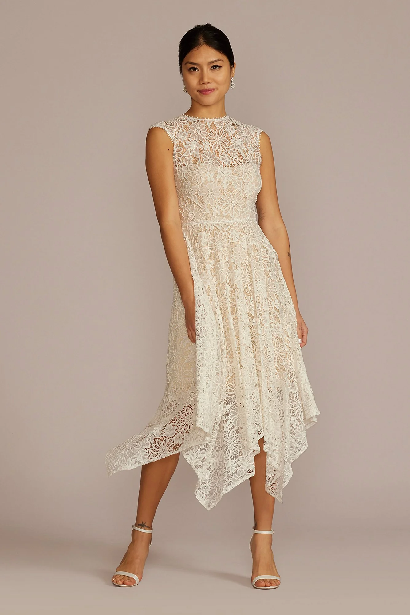 High Neck Lace Dress with Asymmetrical Skirt