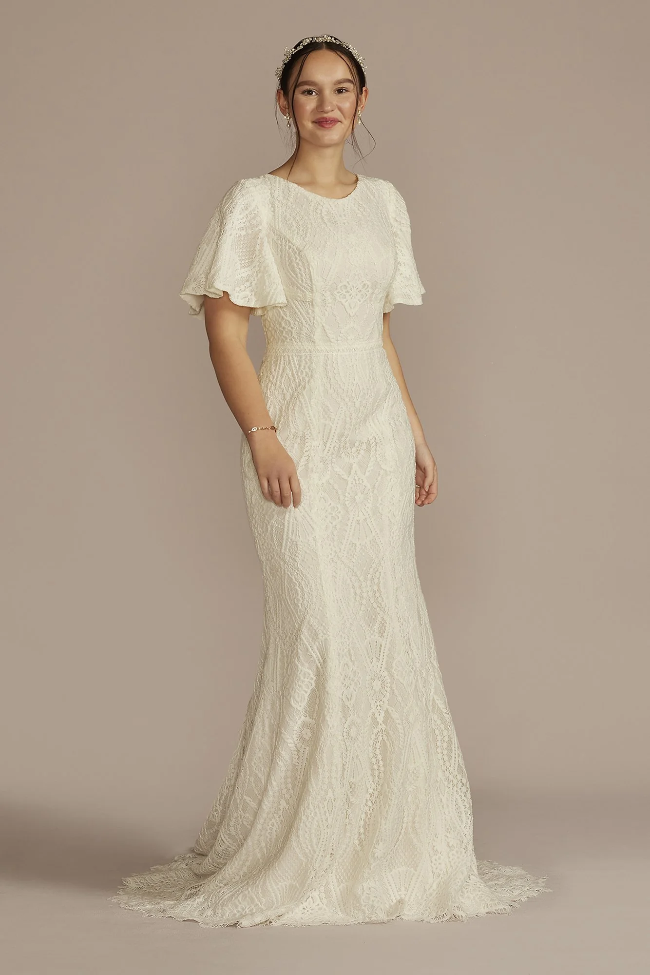 High Neck Lace Embellished Modest Wedding Dress