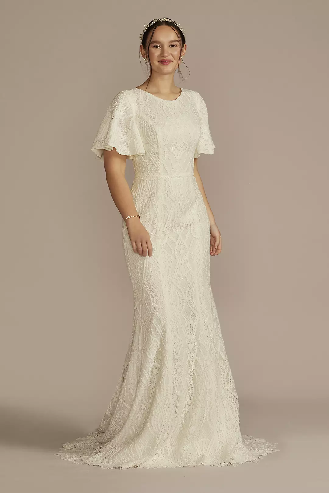 High Neck Lace Embellished Modest Wedding Dress - Image 8