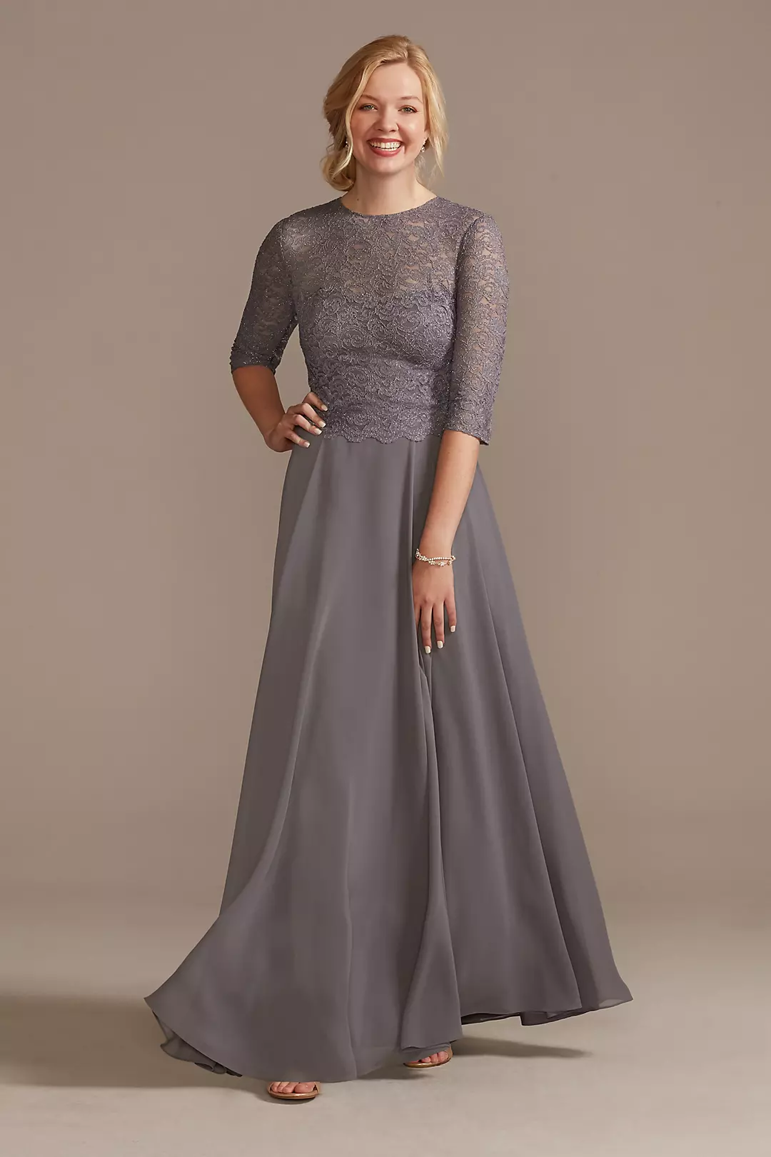 High Neck Lace Three-Fourth Sleeve A-Line Dress - Image 12