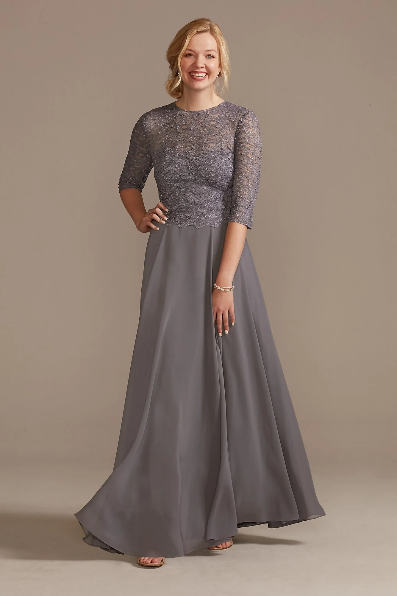High Neck Lace Three-Fourth Sleeve A-Line Dress - Image 2