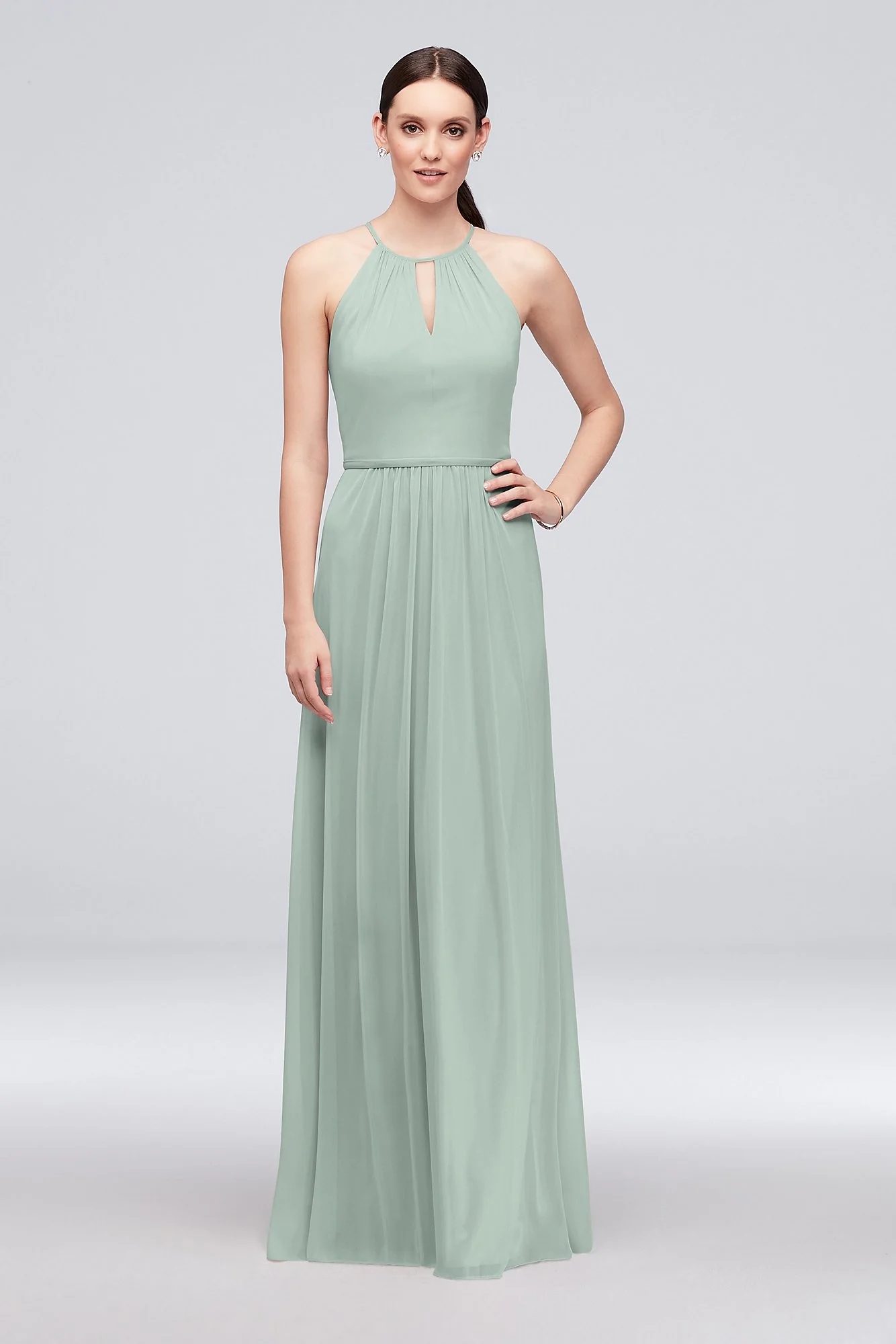High-Neck Long Mesh Bridesmaid Dress with Keyhole - Image 14