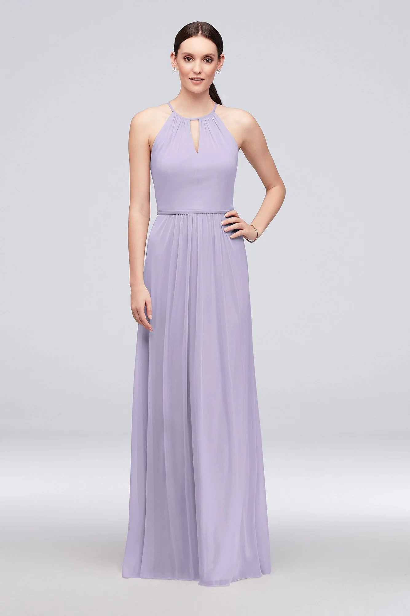 High-Neck Long Mesh Bridesmaid Dress with Keyhole - Image 2