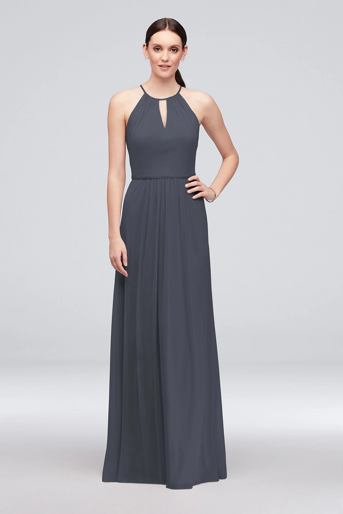 High-Neck Long Mesh Bridesmaid Dress with Keyhole - Image 23
