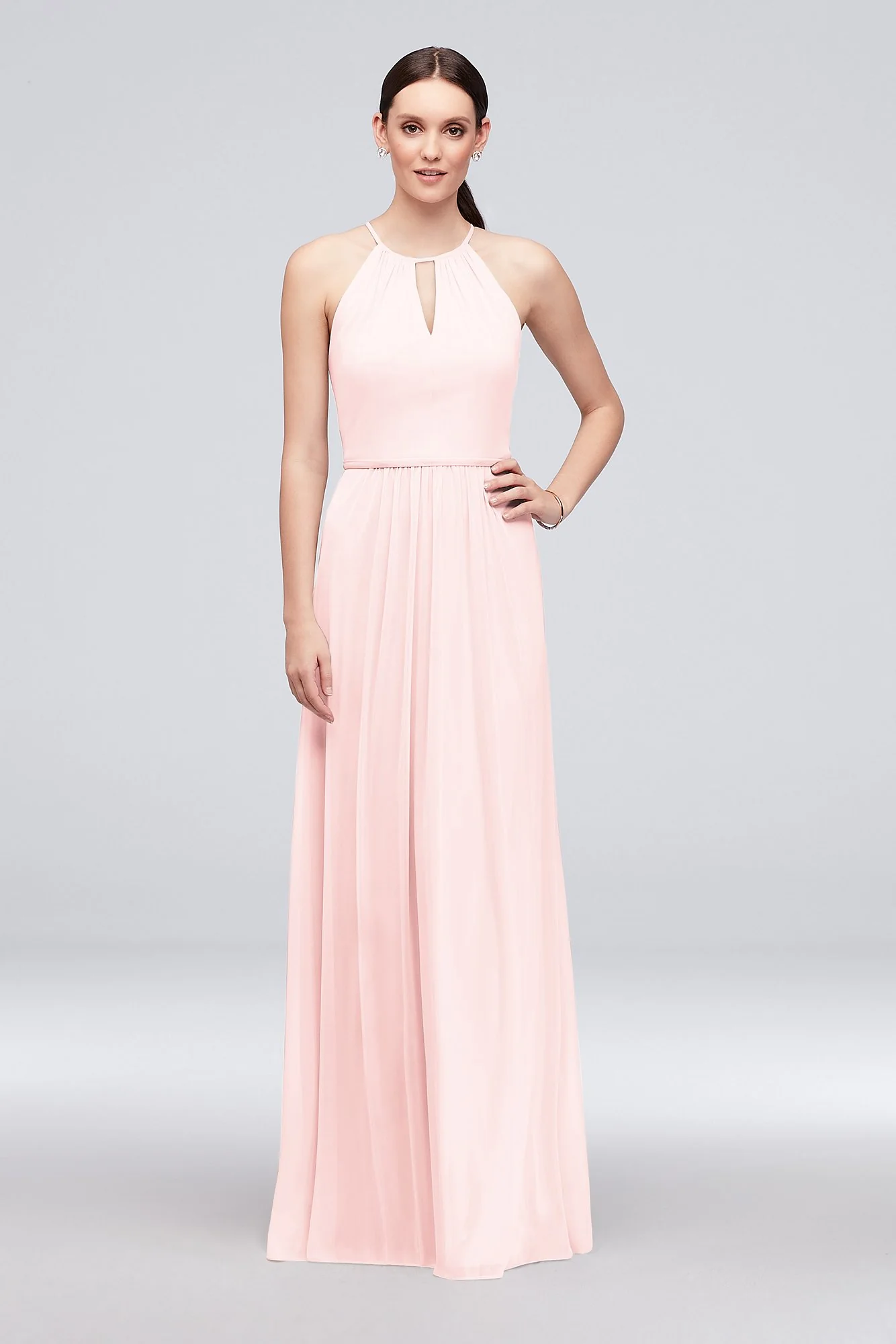 High-Neck Long Mesh Bridesmaid Dress with Keyhole - Image 25