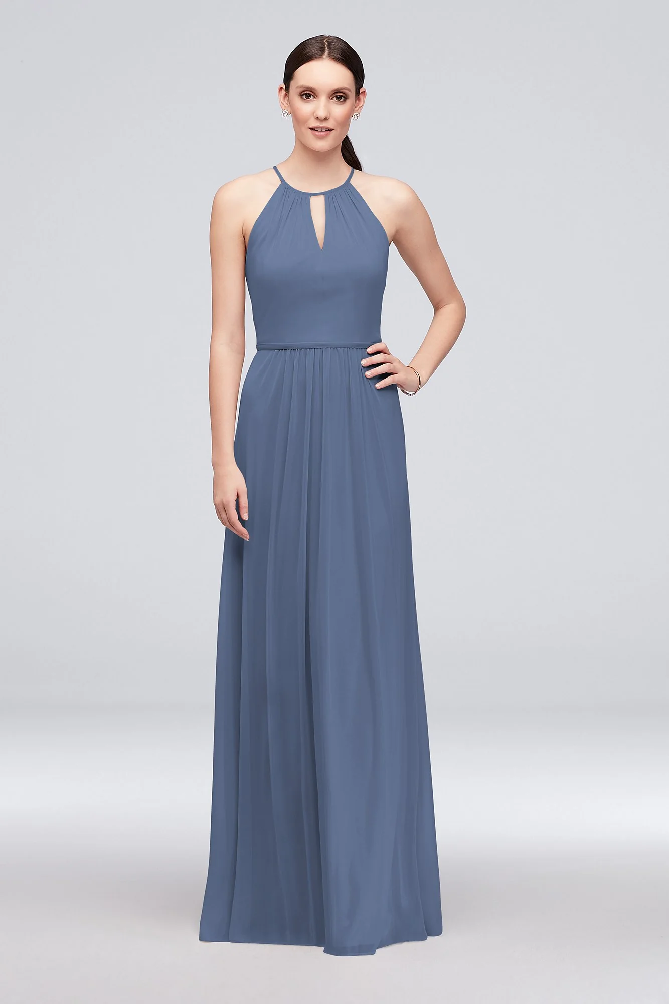High-Neck Long Mesh Bridesmaid Dress with Keyhole - Image 27