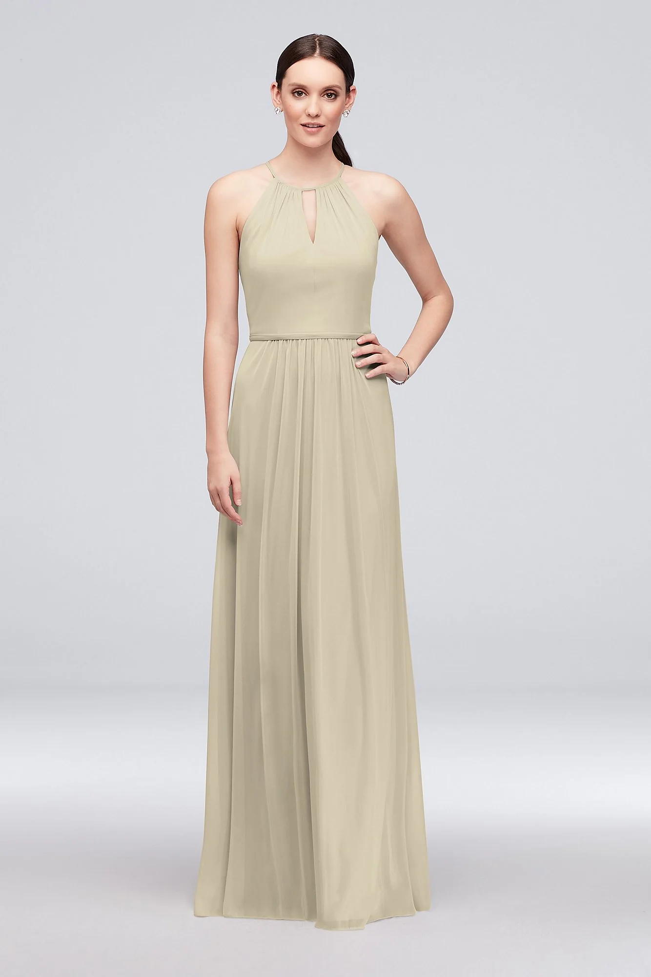 High-Neck Long Mesh Bridesmaid Dress with Keyhole - Image 28