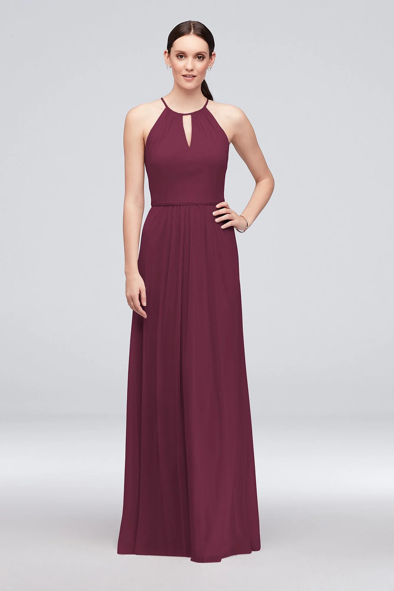 High-Neck Long Mesh Bridesmaid Dress with Keyhole - Image 30