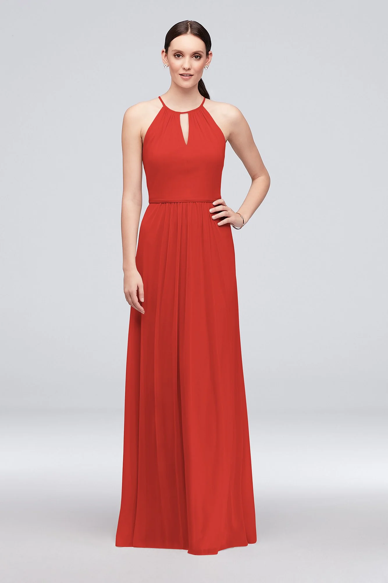 High-Neck Long Mesh Bridesmaid Dress with Keyhole - Image 32
