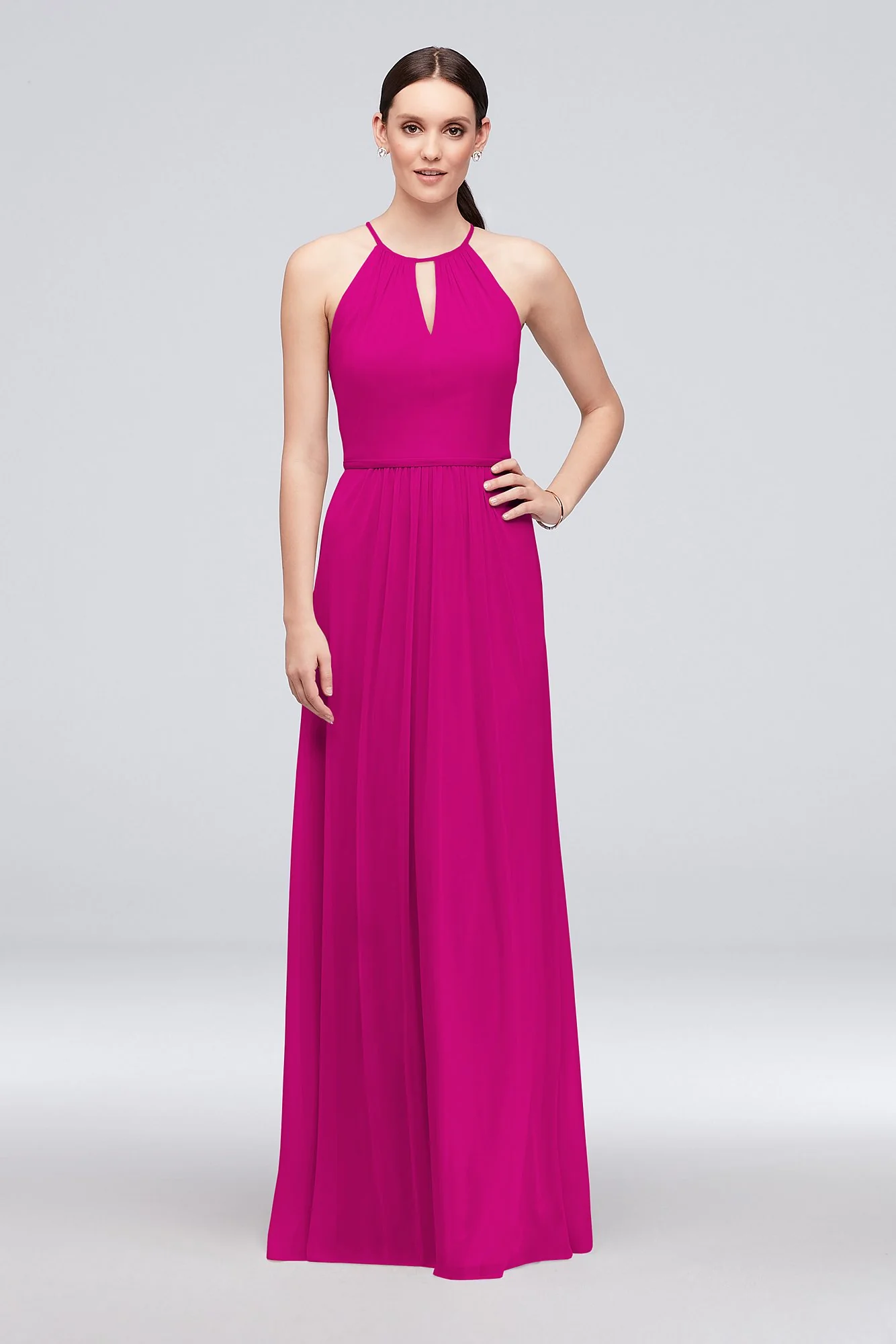 High-Neck Long Mesh Bridesmaid Dress with Keyhole - Image 35