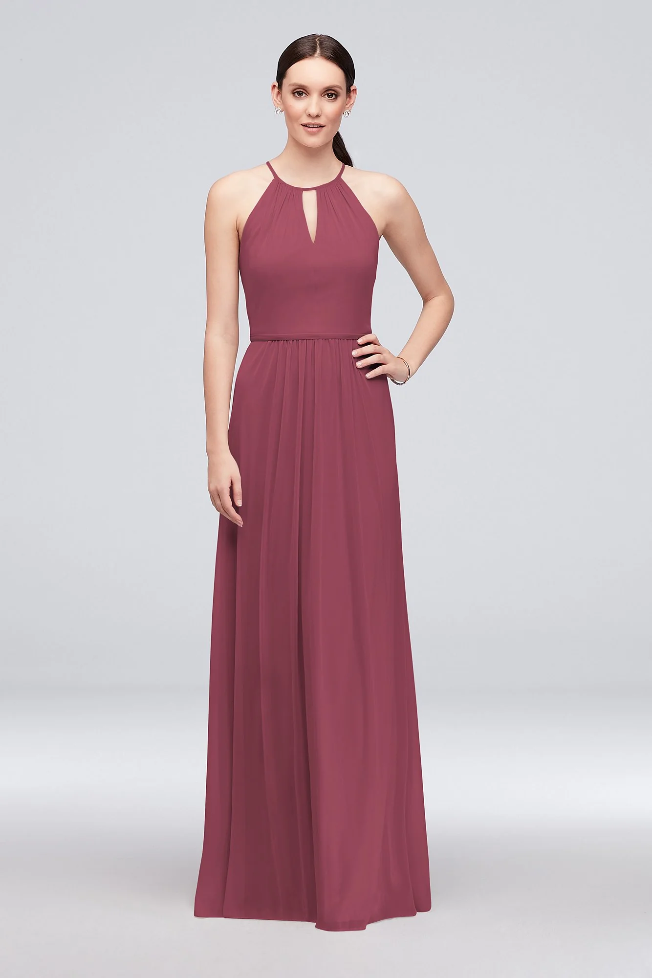 High-Neck Long Mesh Bridesmaid Dress with Keyhole - Image 36