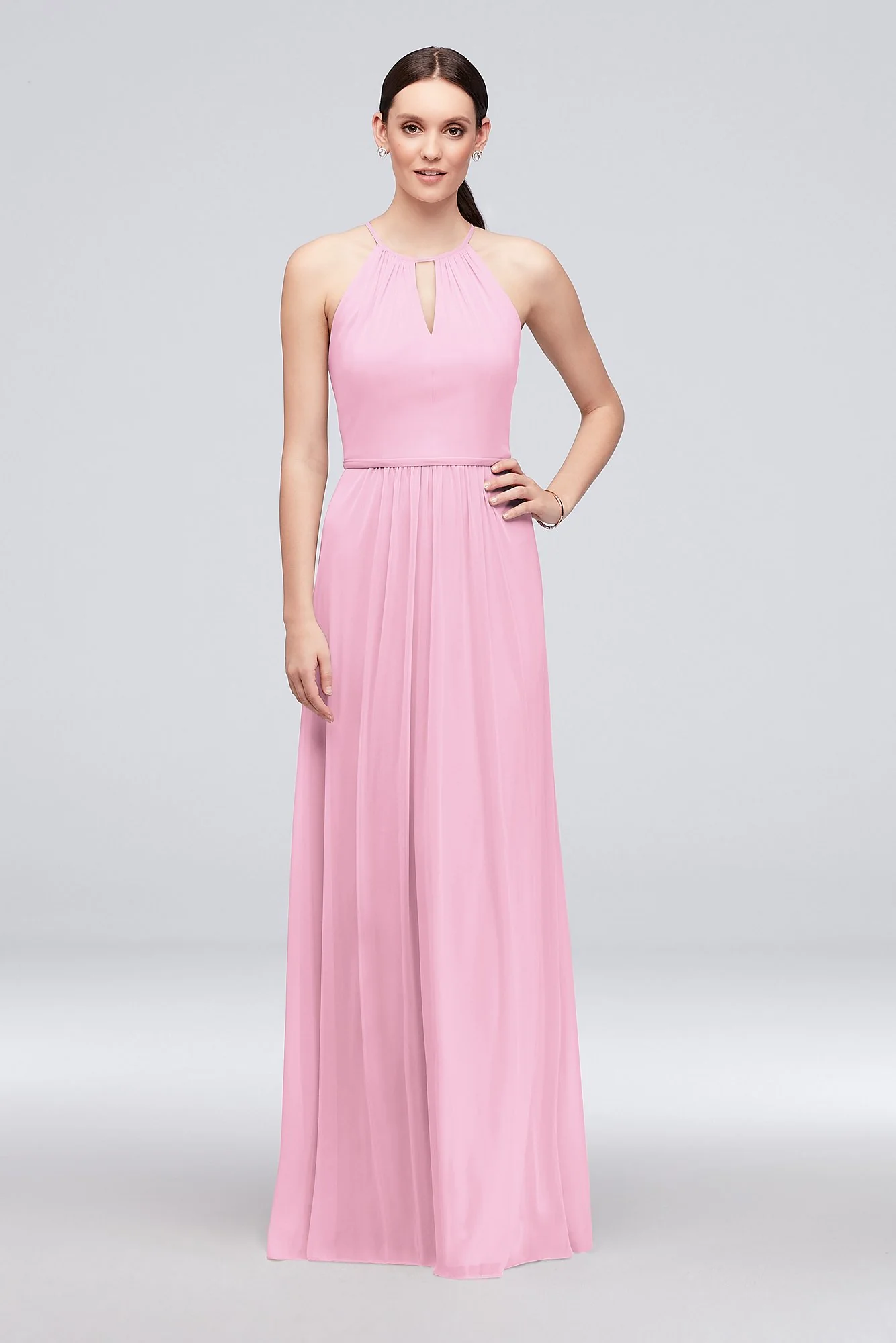 High-Neck Long Mesh Bridesmaid Dress with Keyhole - Image 40