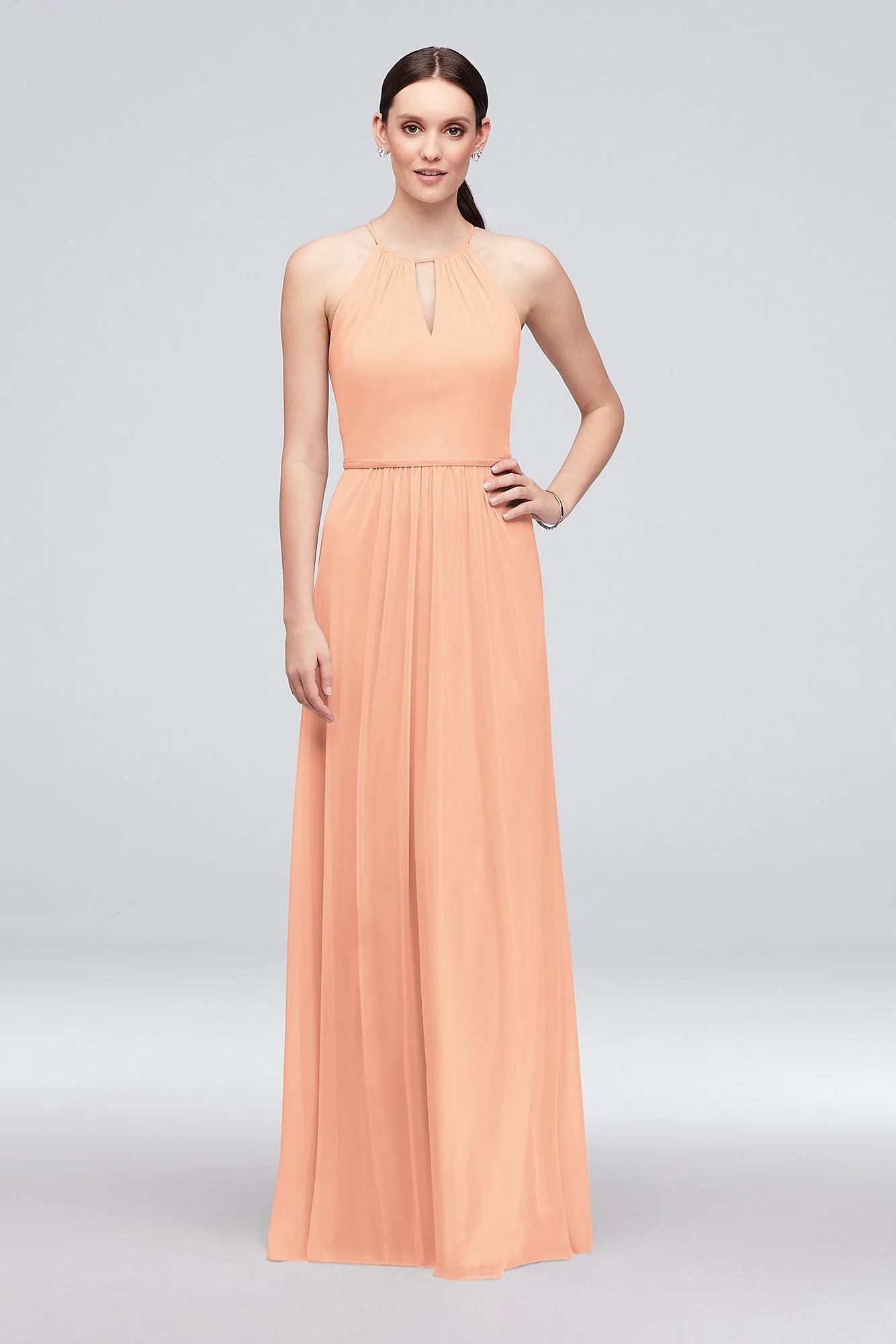 High-Neck Long Mesh Bridesmaid Dress with Keyhole - Image 41