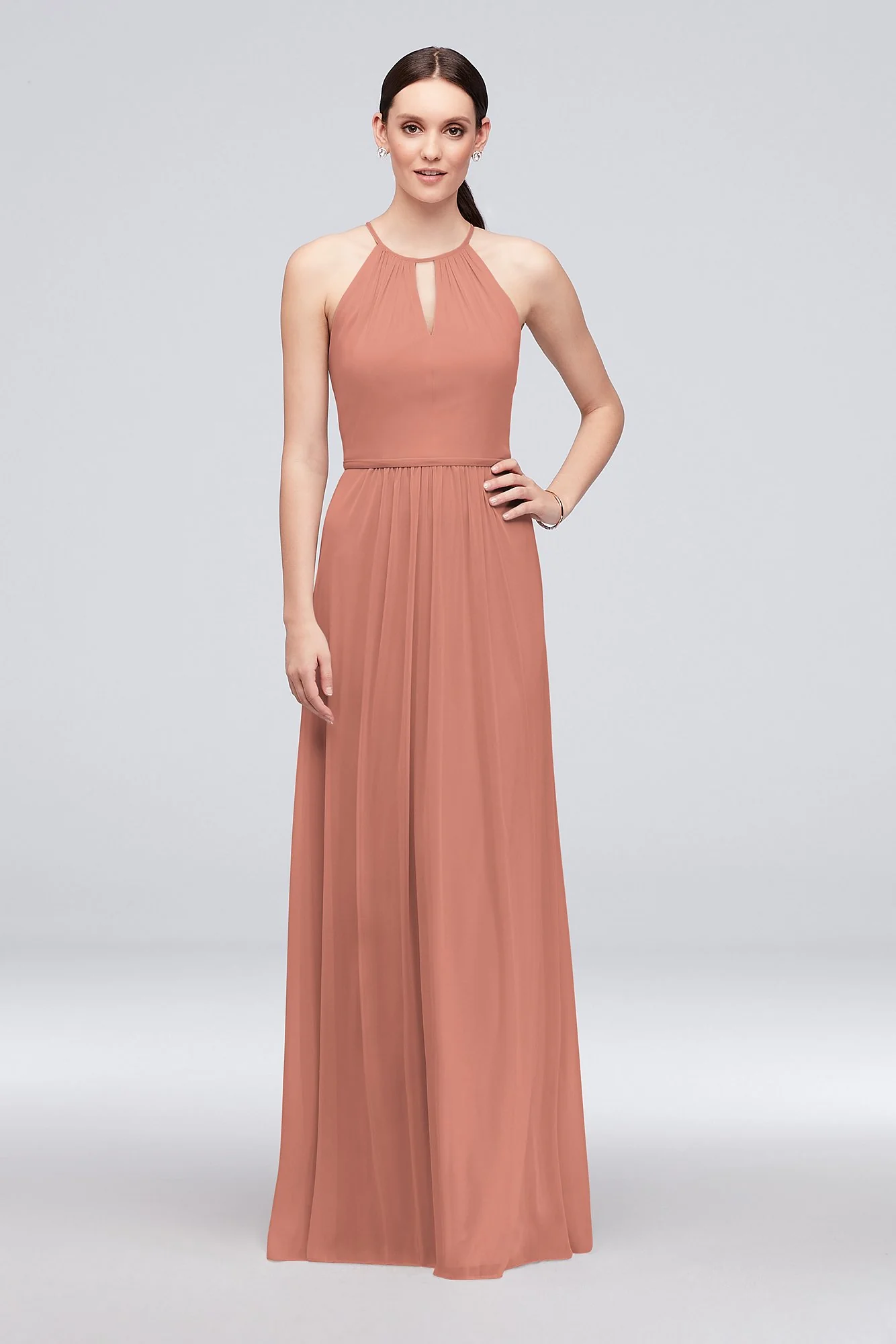 High-Neck Long Mesh Bridesmaid Dress with Keyhole - Image 42