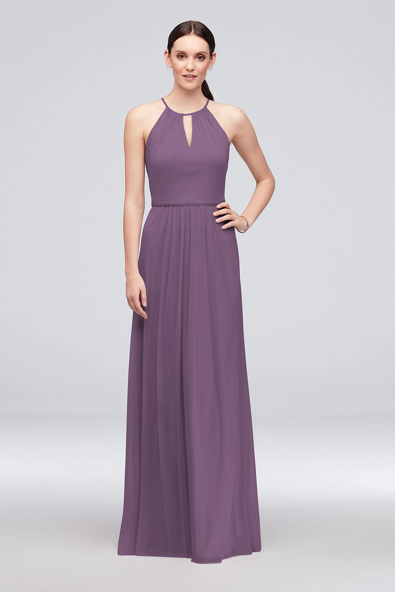 High-Neck Long Mesh Bridesmaid Dress with Keyhole - Image 43