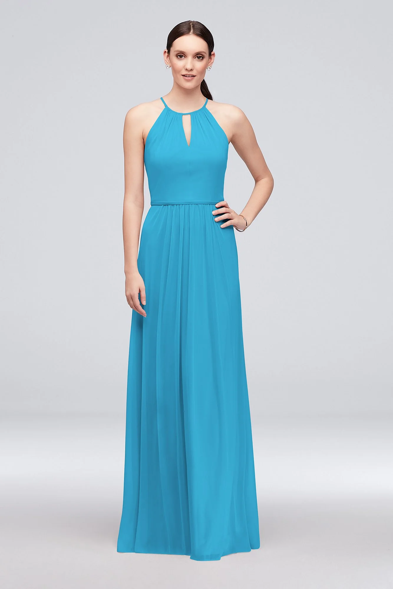 High-Neck Long Mesh Bridesmaid Dress with Keyhole - Image 45