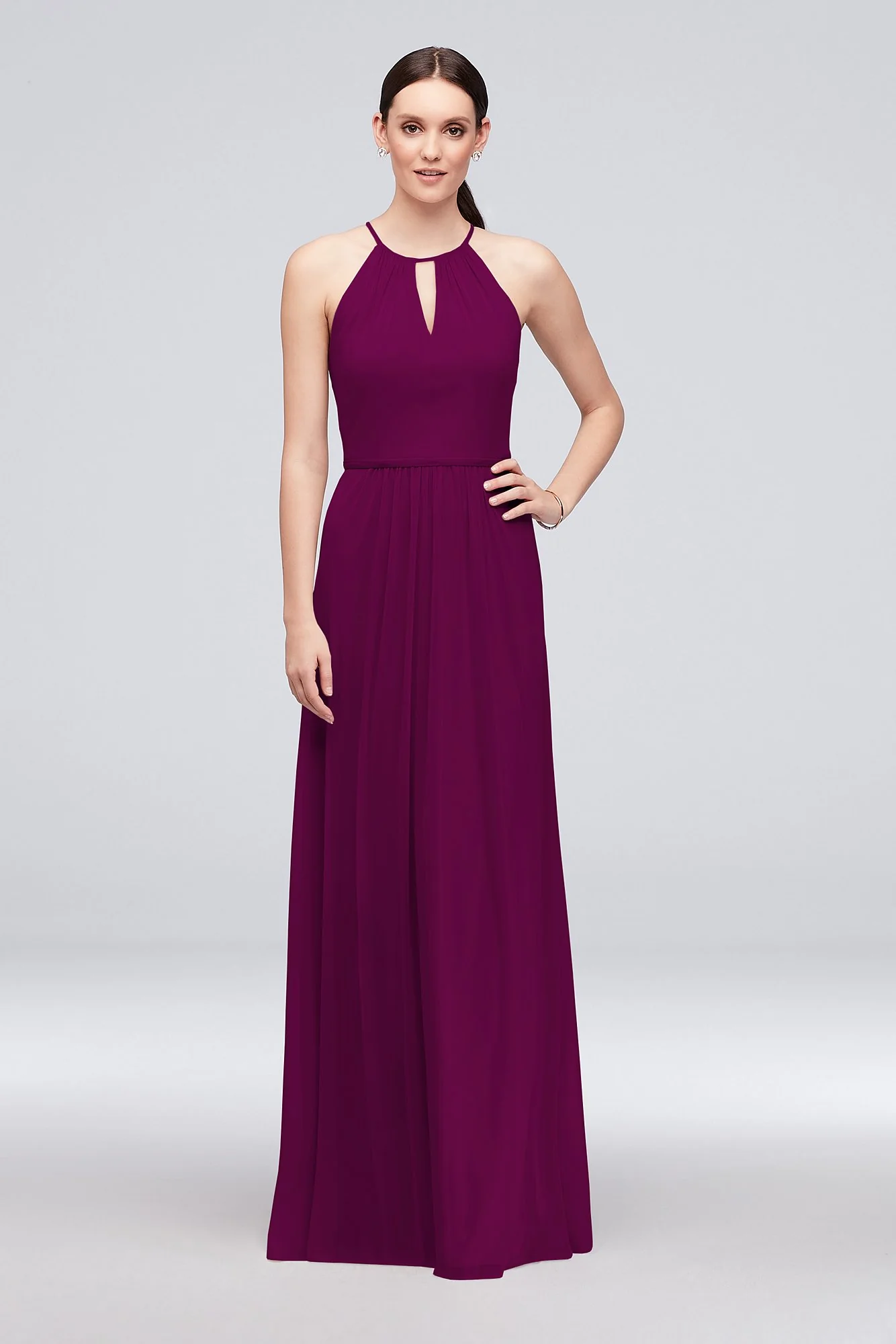 High-Neck Long Mesh Bridesmaid Dress with Keyhole - Image 48