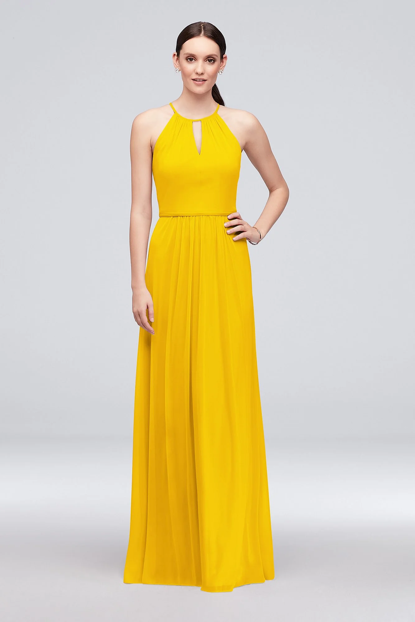 High-Neck Long Mesh Bridesmaid Dress with Keyhole - Image 5