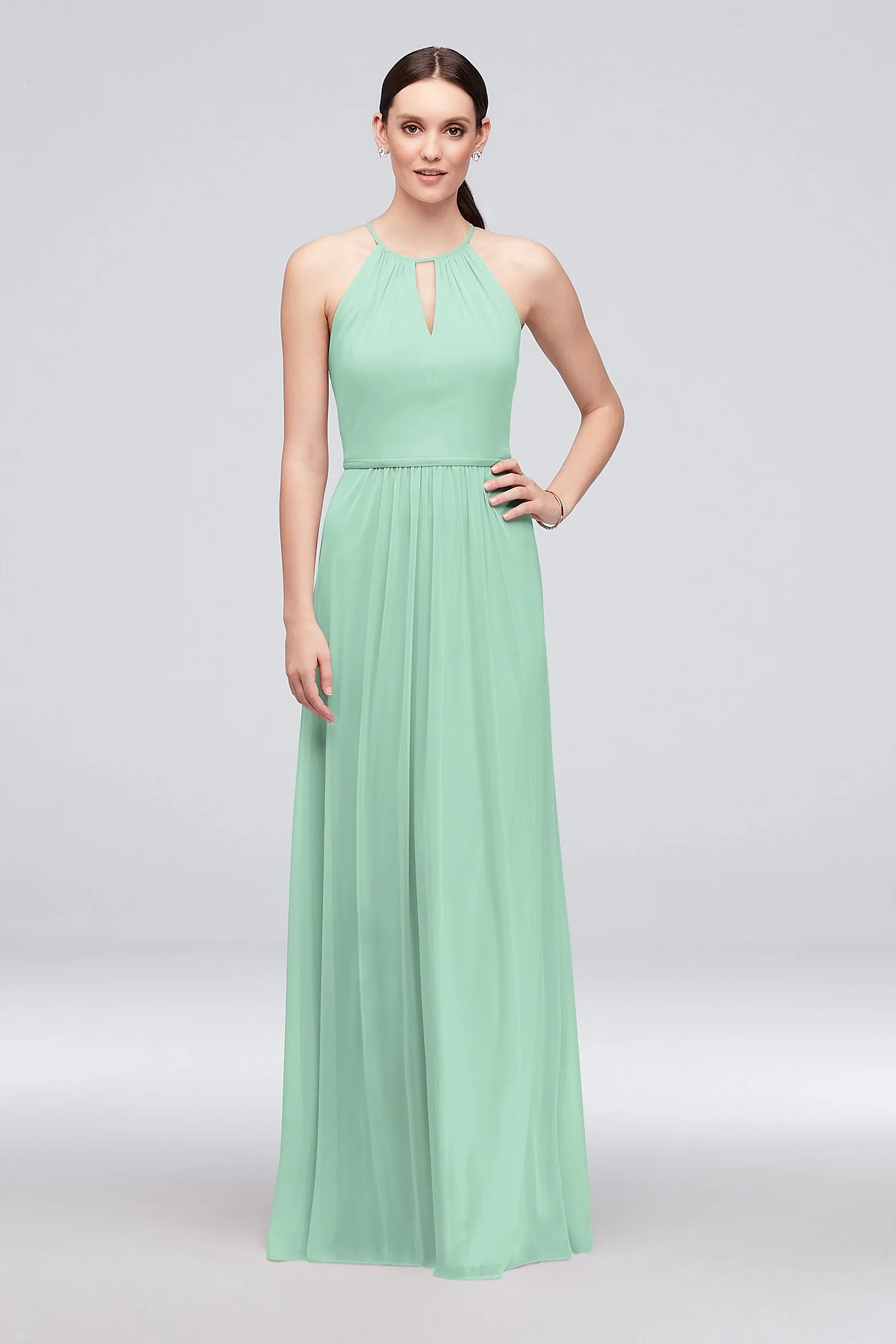 High-Neck Long Mesh Bridesmaid Dress with Keyhole - Image 53