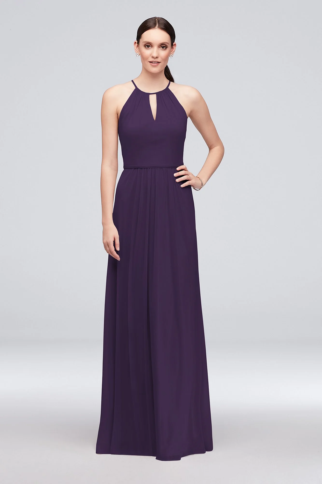 High-Neck Long Mesh Bridesmaid Dress with Keyhole - Image 56