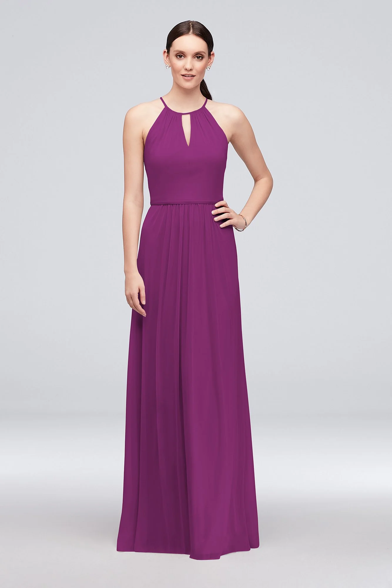 High-Neck Long Mesh Bridesmaid Dress with Keyhole - Image 64