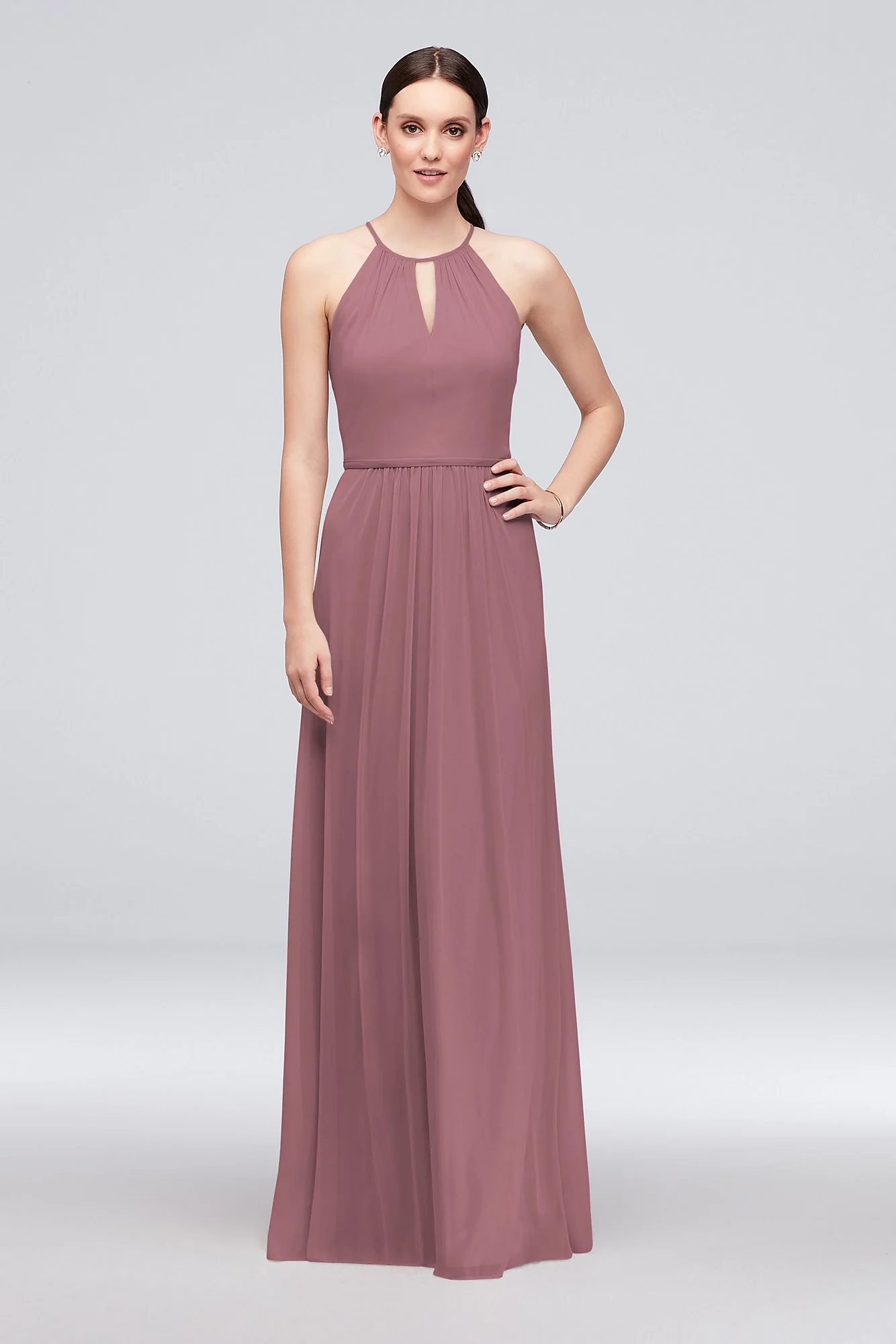 High-Neck Long Mesh Bridesmaid Dress with Keyhole - Image 68