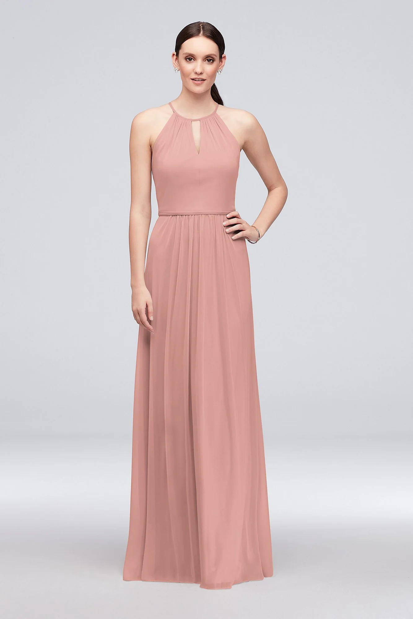 High-Neck Long Mesh Bridesmaid Dress with Keyhole - Image 7