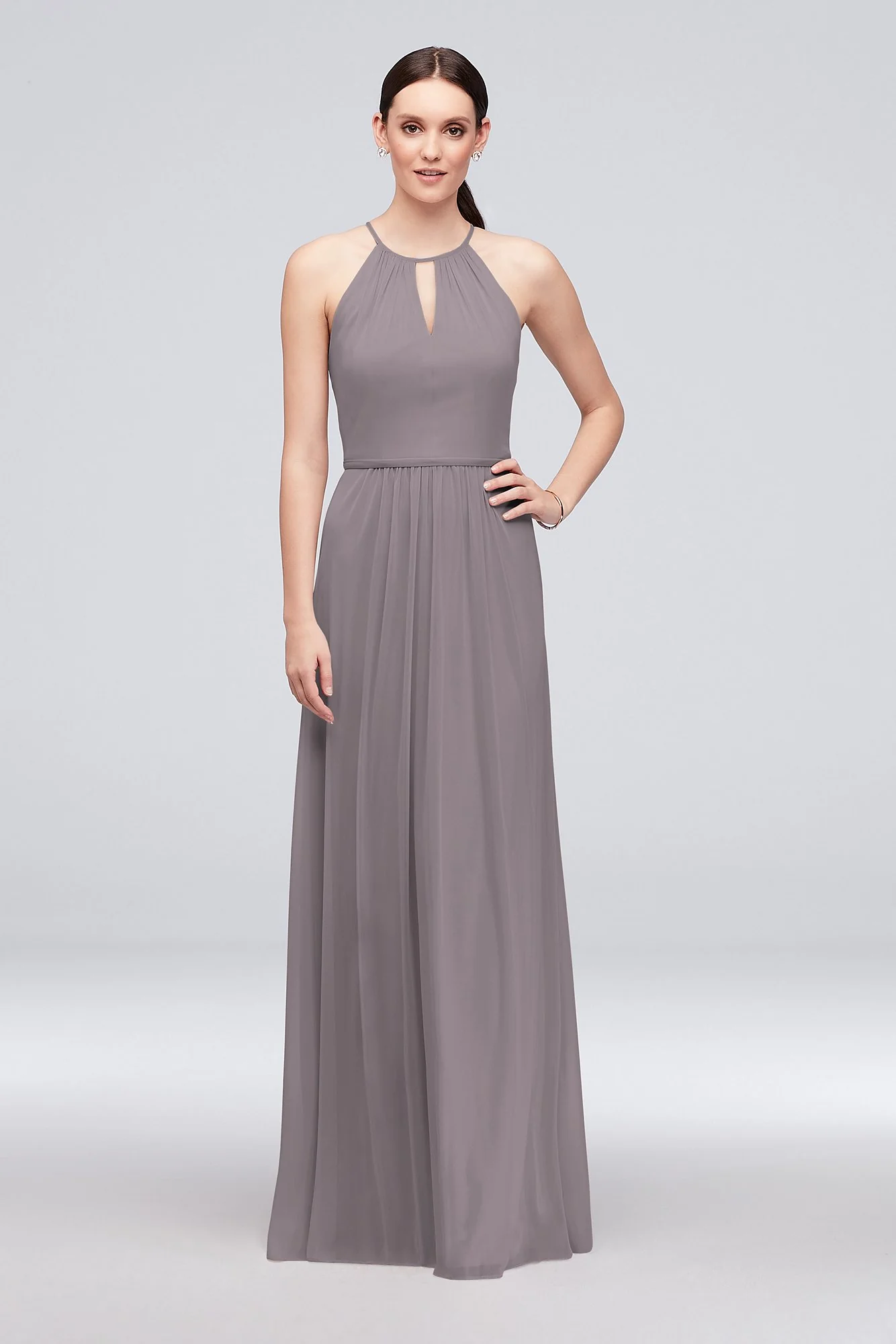 High-Neck Long Mesh Bridesmaid Dress with Keyhole - Image 72