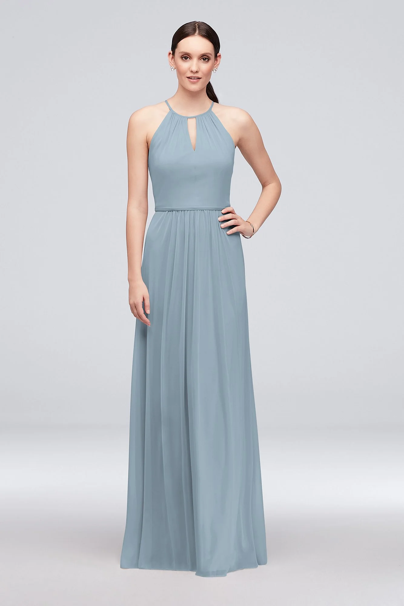 High-Neck Long Mesh Bridesmaid Dress with Keyhole - Image 73