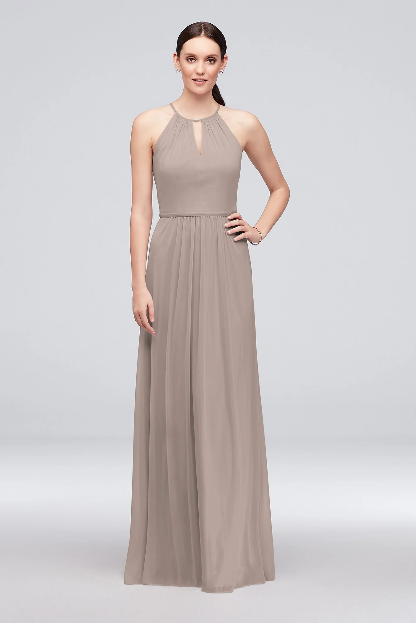 High-Neck Long Mesh Bridesmaid Dress with Keyhole - Image 76