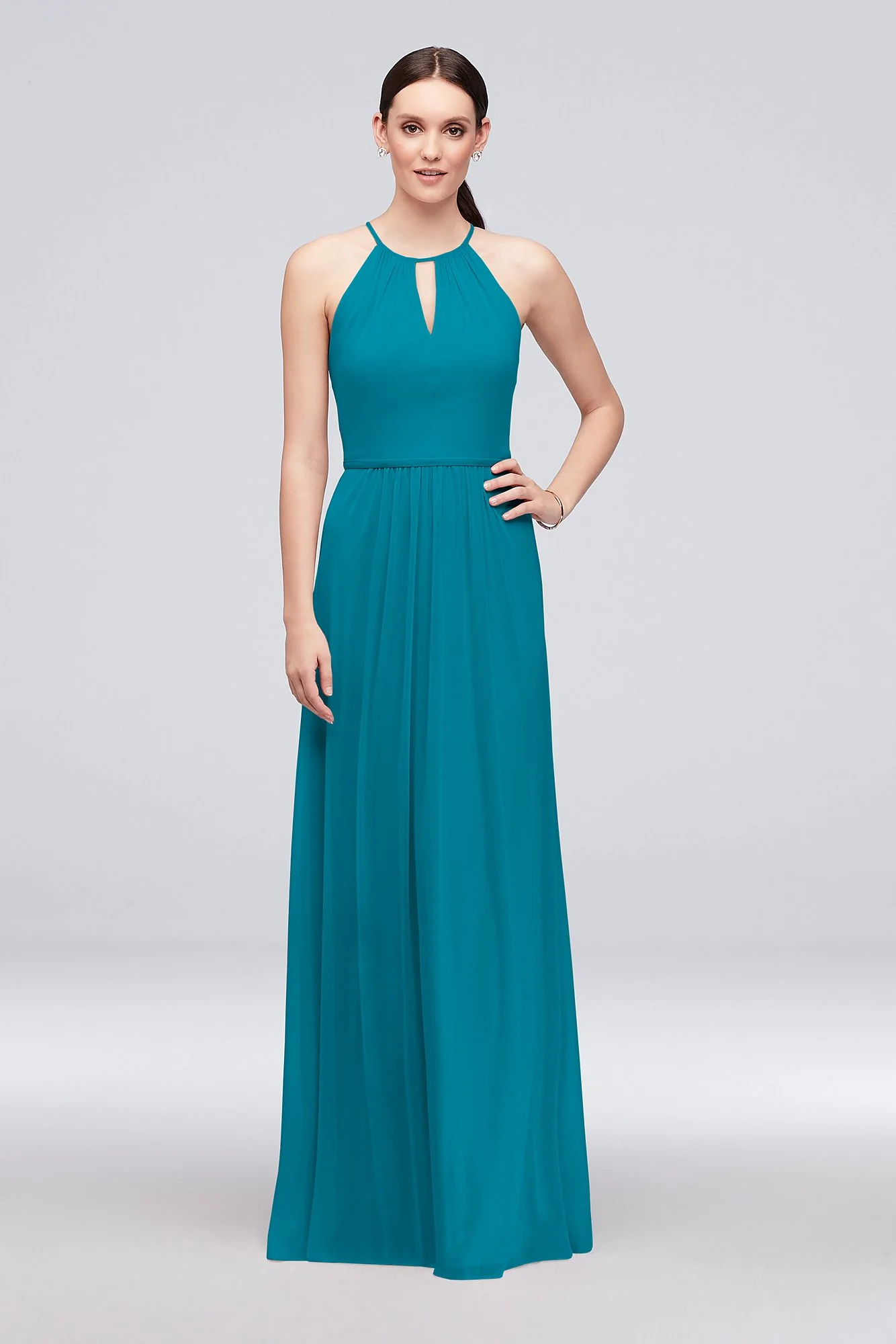 High-Neck Long Mesh Bridesmaid Dress with Keyhole - Image 77