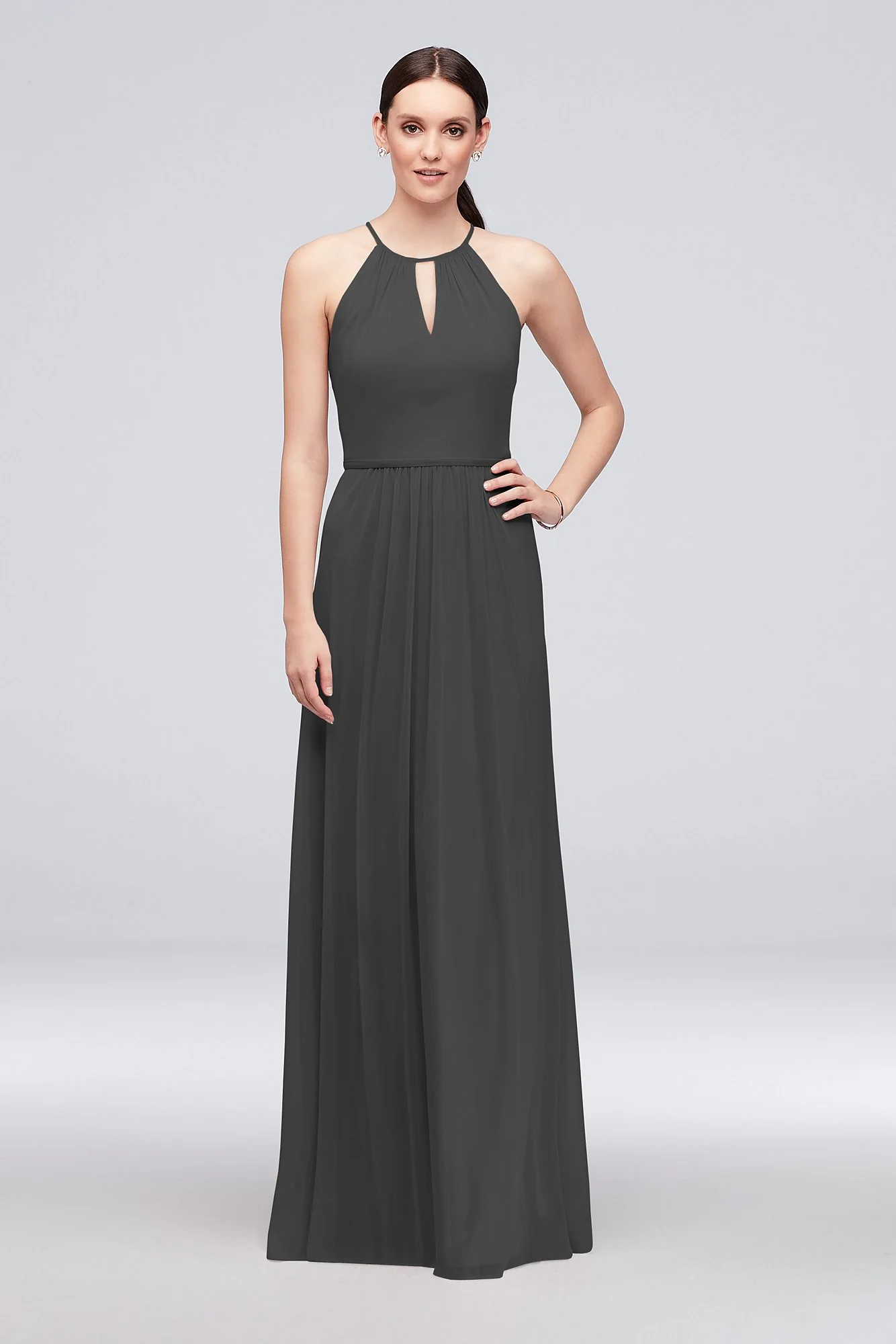 High-Neck Long Mesh Bridesmaid Dress with Keyhole - Image 83