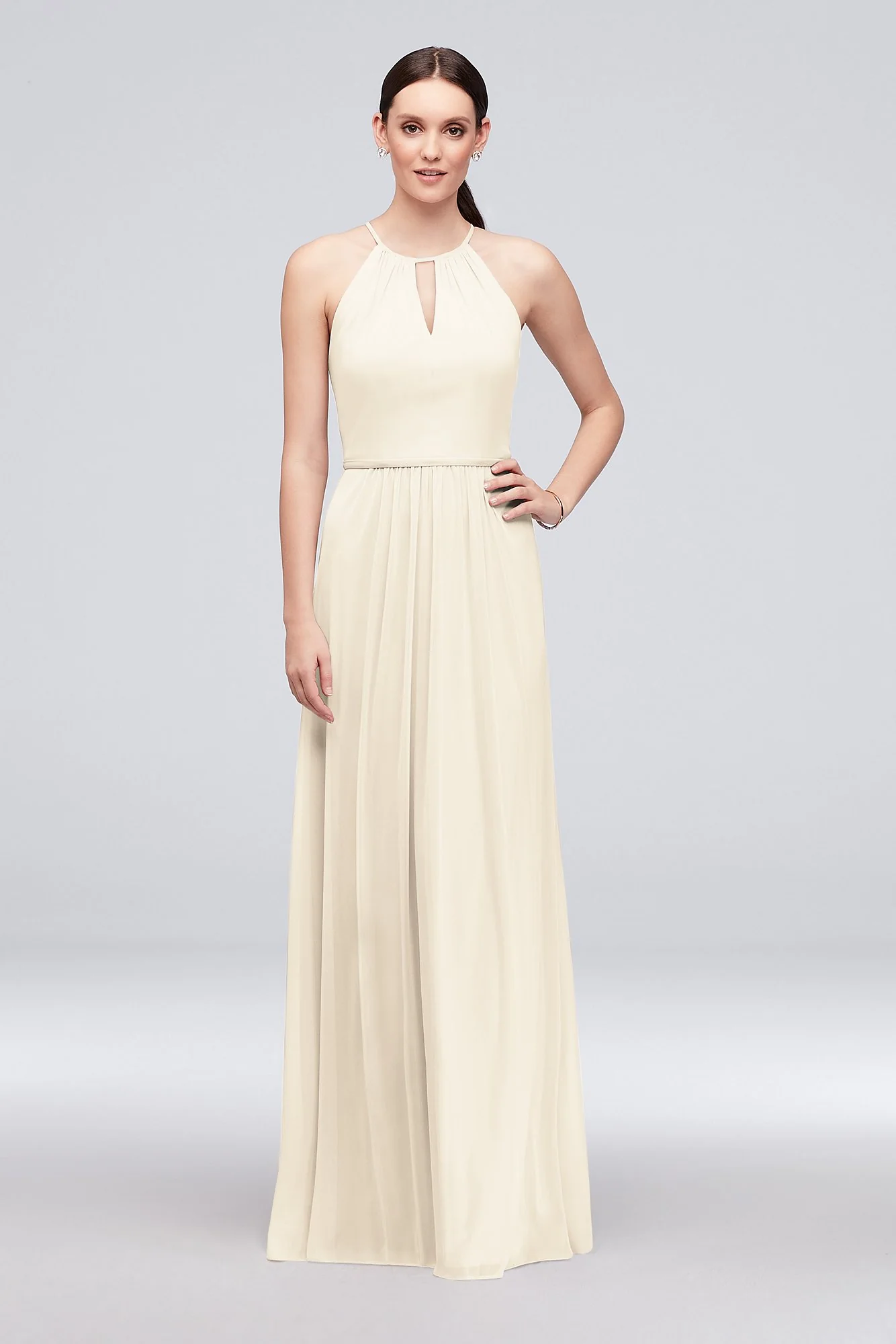 High-Neck Long Mesh Bridesmaid Dress with Keyhole - Image 85