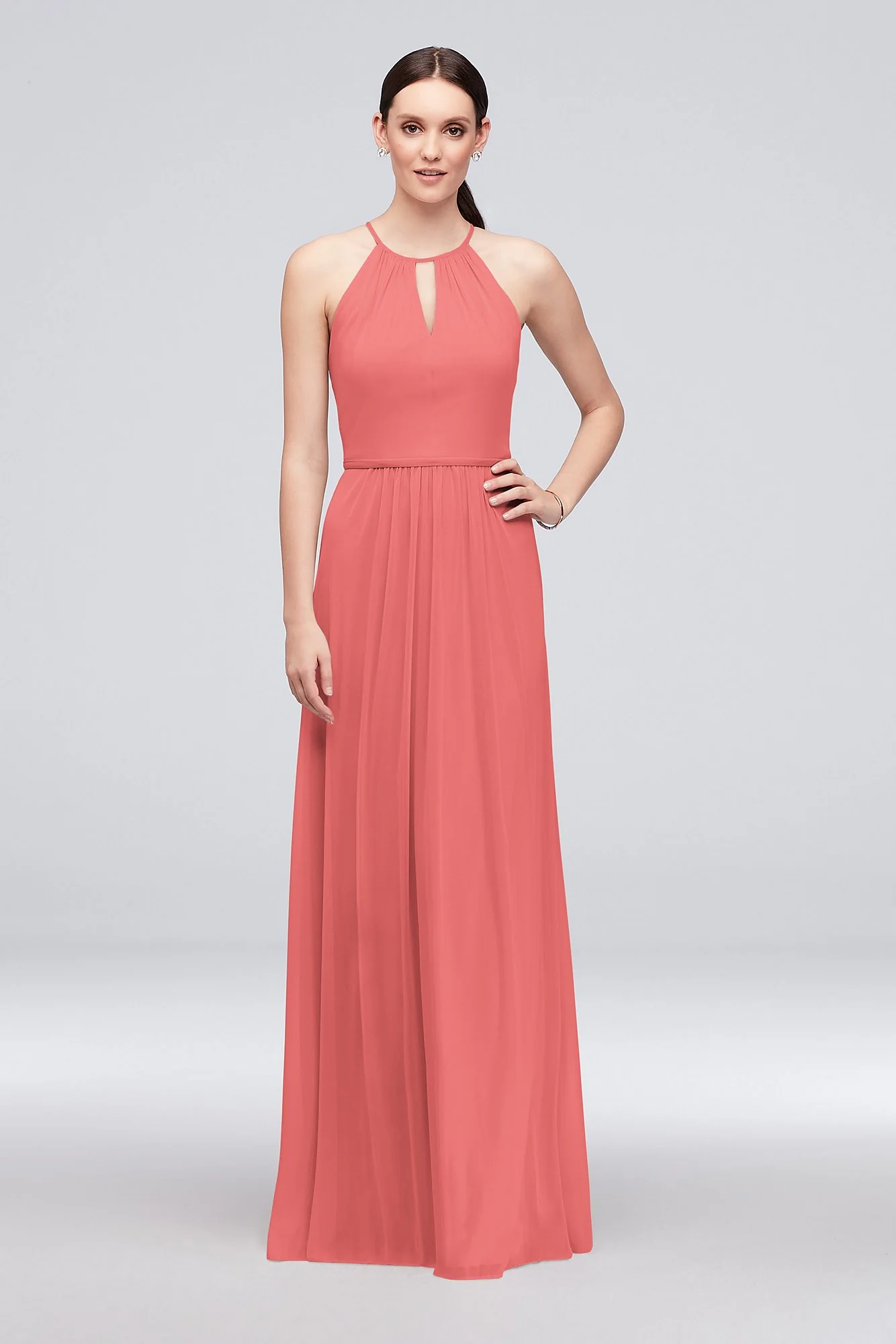 High-Neck Long Mesh Bridesmaid Dress with Keyhole - Image 87