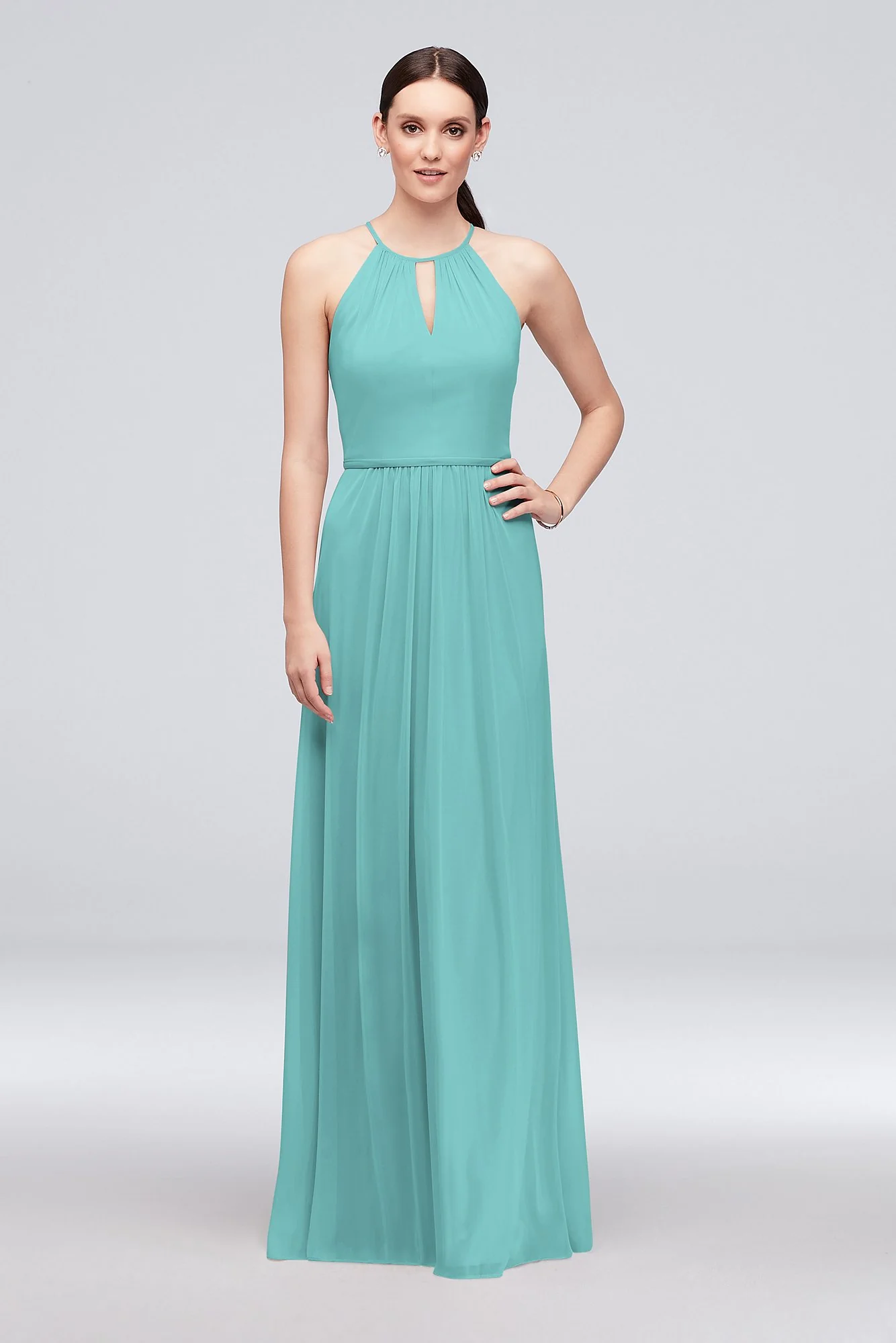 High-Neck Long Mesh Bridesmaid Dress with Keyhole - Image 92