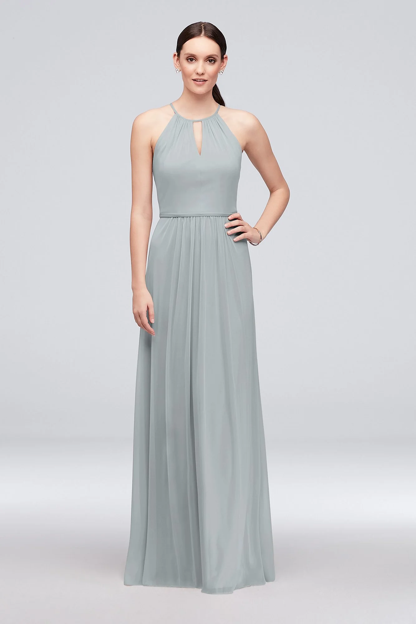 High-Neck Long Mesh Bridesmaid Dress with Keyhole - Image 93