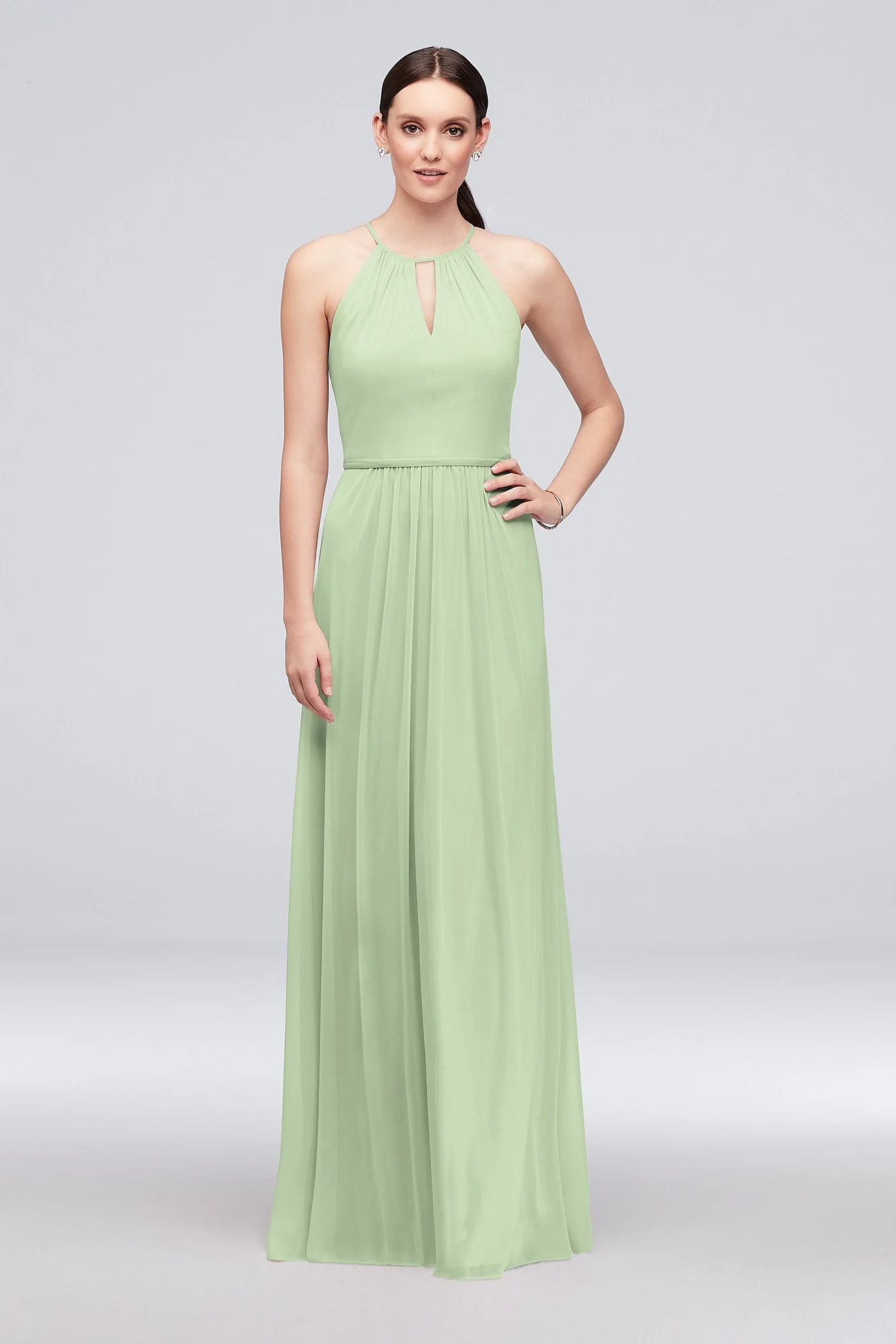 High-Neck Long Mesh Bridesmaid Dress with Keyhole - Image 95